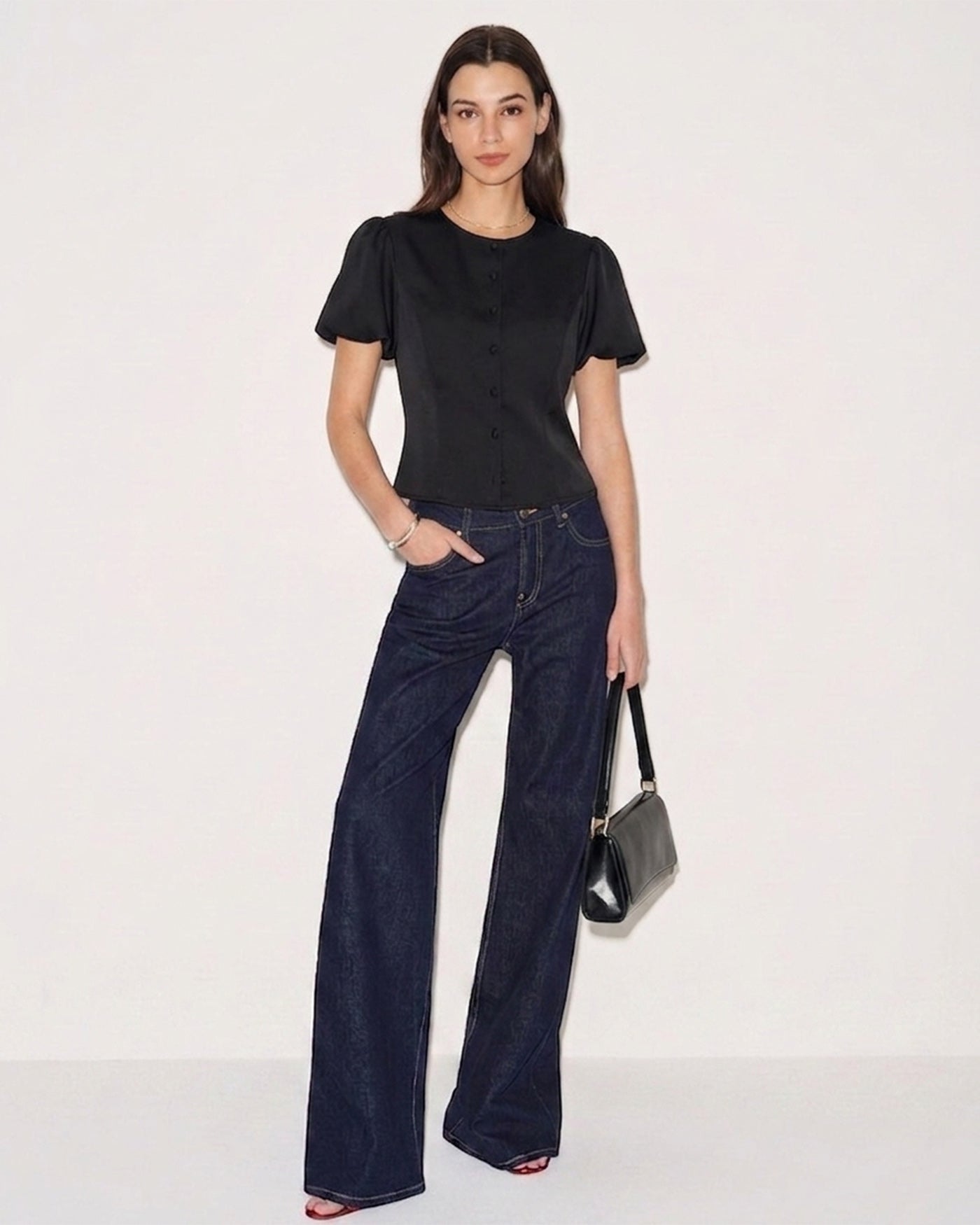 Black Puffed Sleeve Satin Blouse