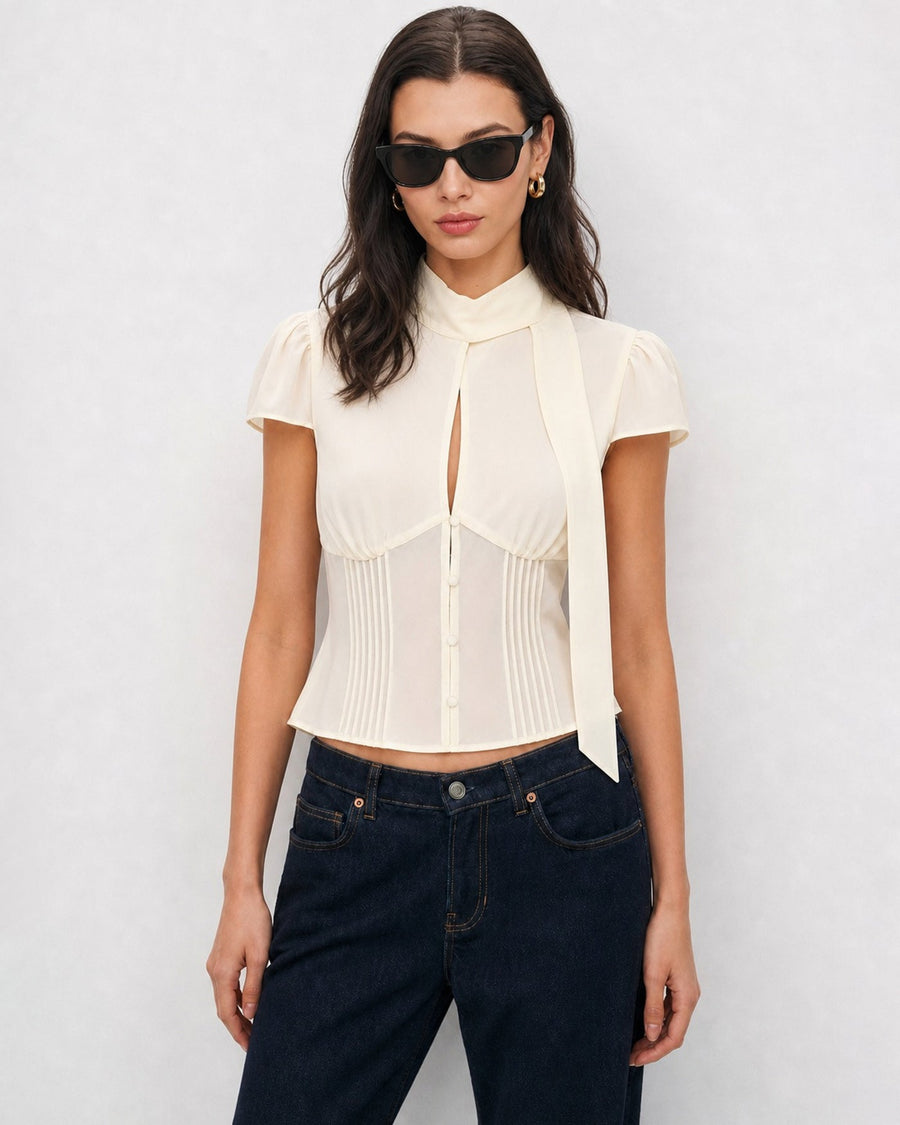 Apricot Mock Neck Button Chiffon Blouse