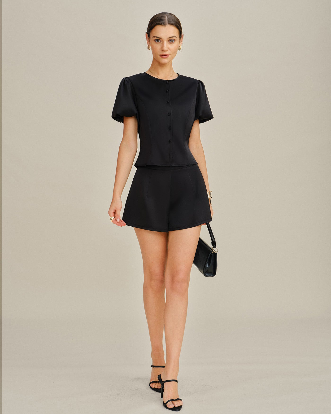 Black Puffed Sleeve Satin Blouse