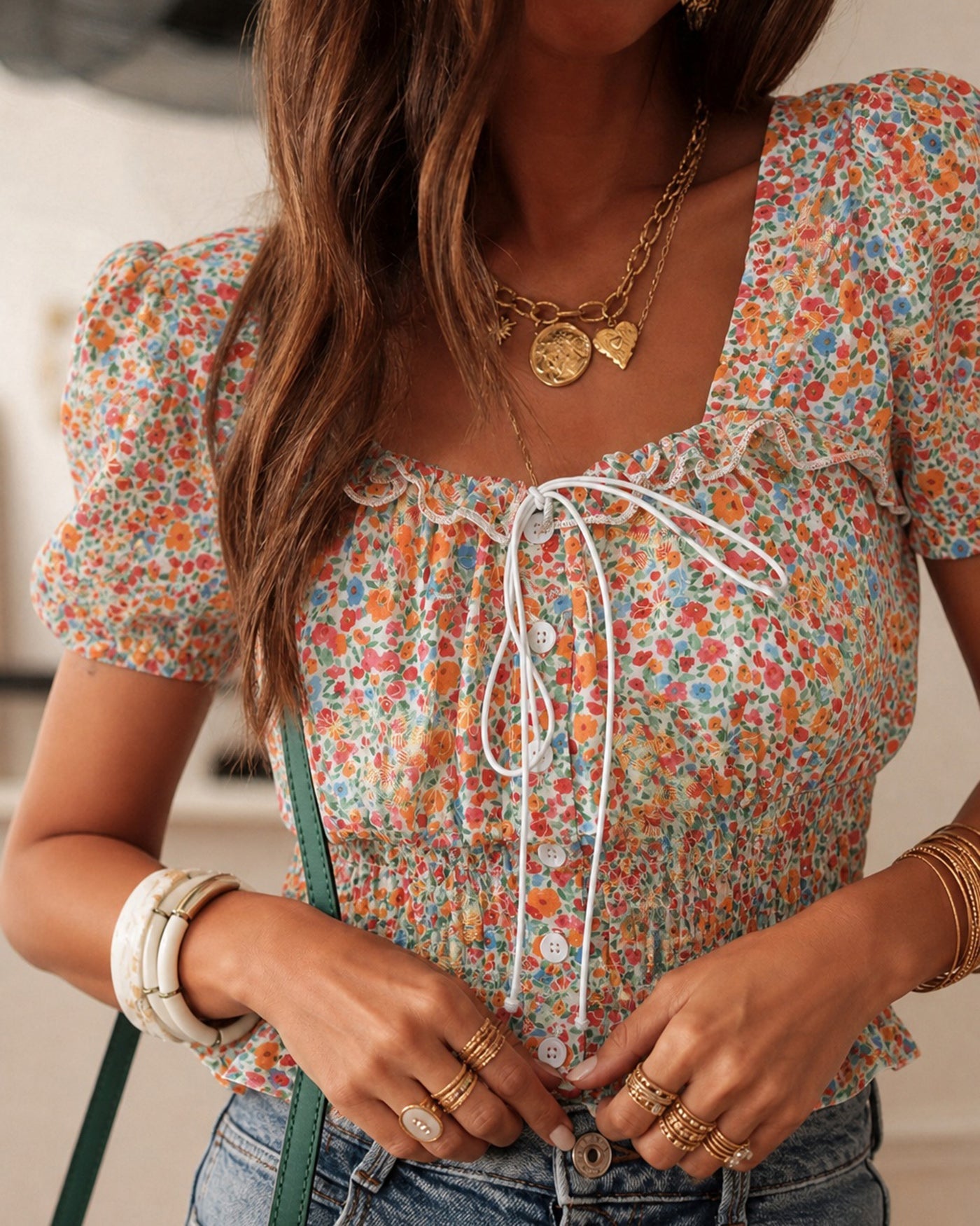 Floral Square Neck Puffed Sleeve Blouse