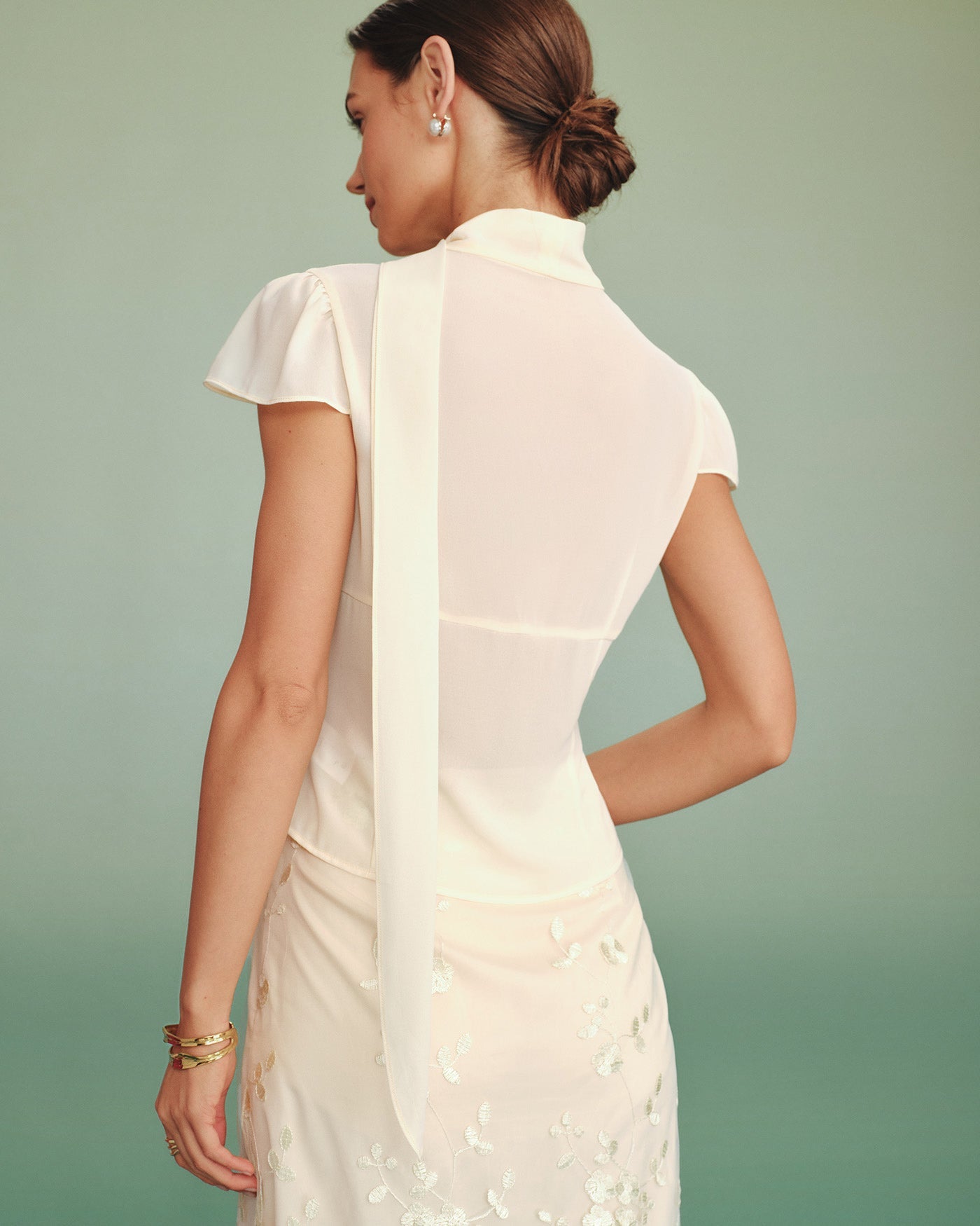 Apricot Mock Neck Button Chiffon Blouse