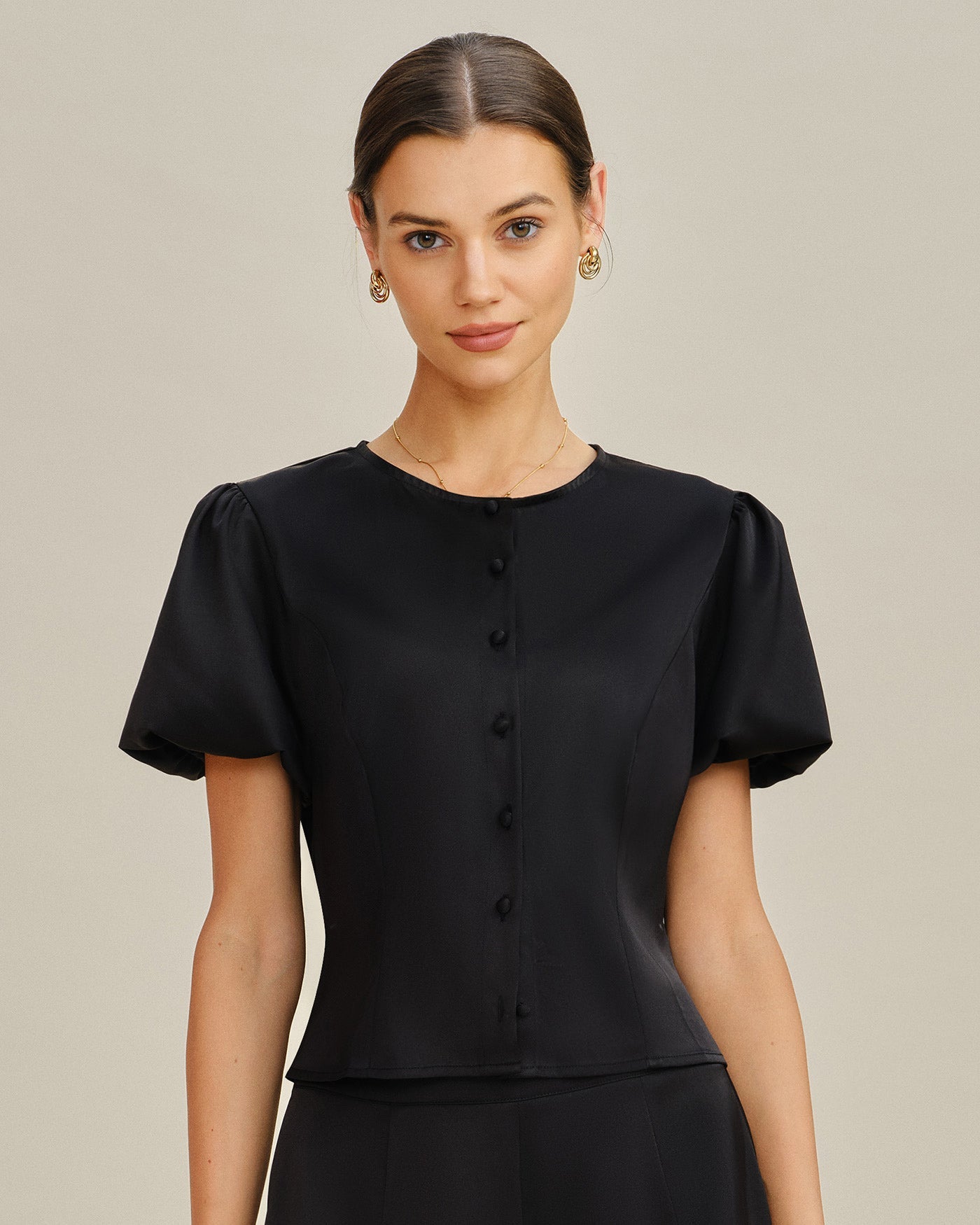 Black Puffed Sleeve Satin Blouse