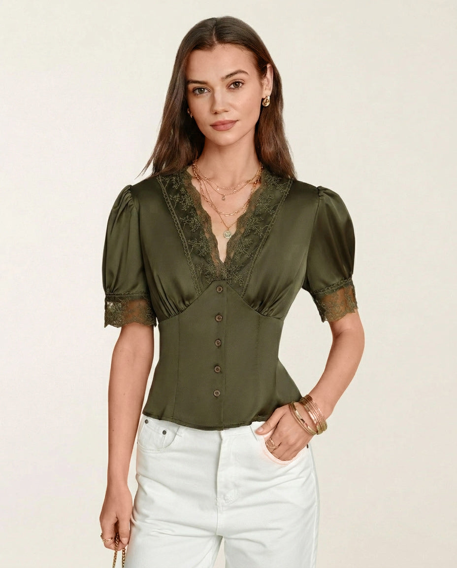 Green V Neck Puffed Sleeve Lace Blouse