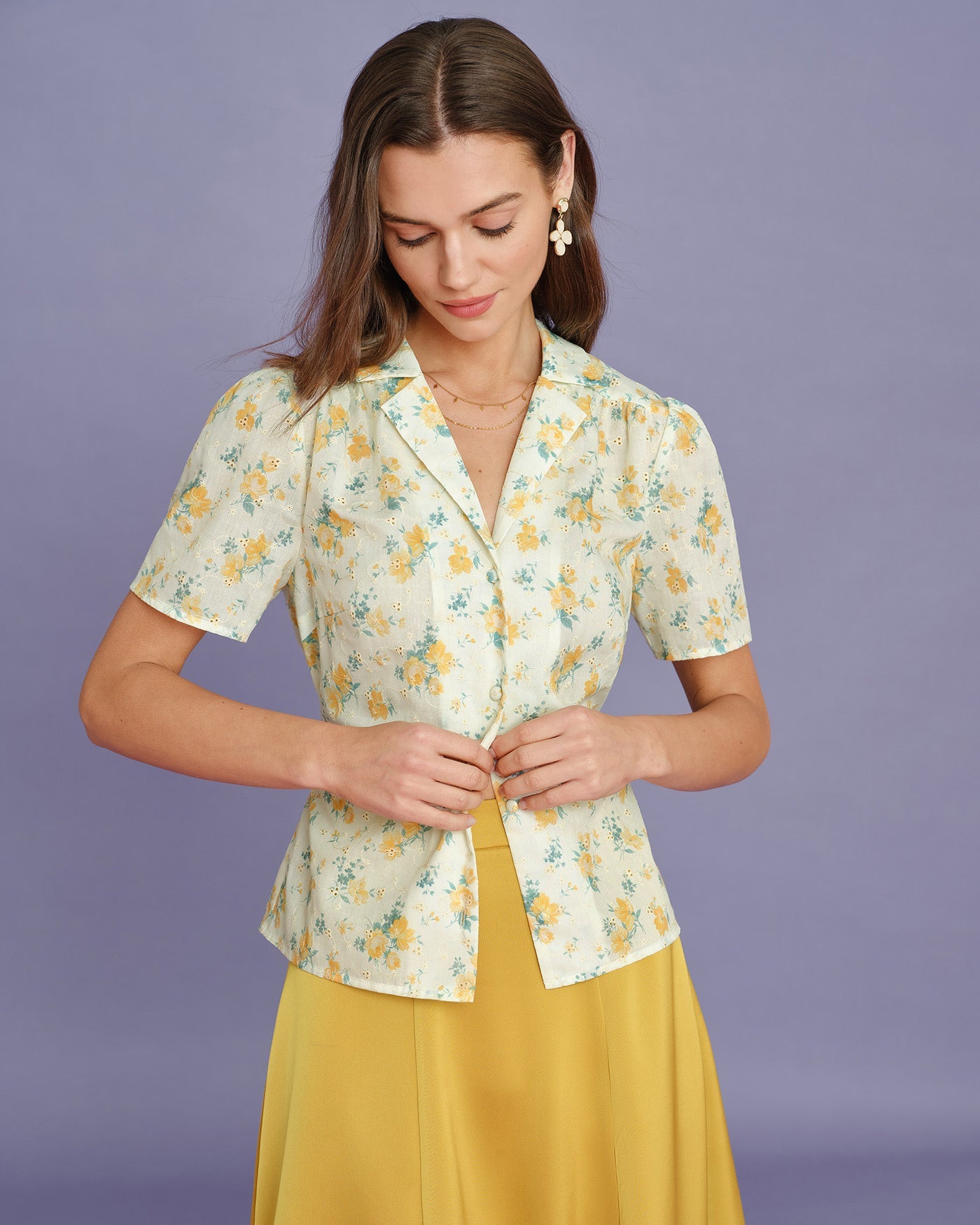 Yellow Collar Puffed Sleeve Floral Blouse
