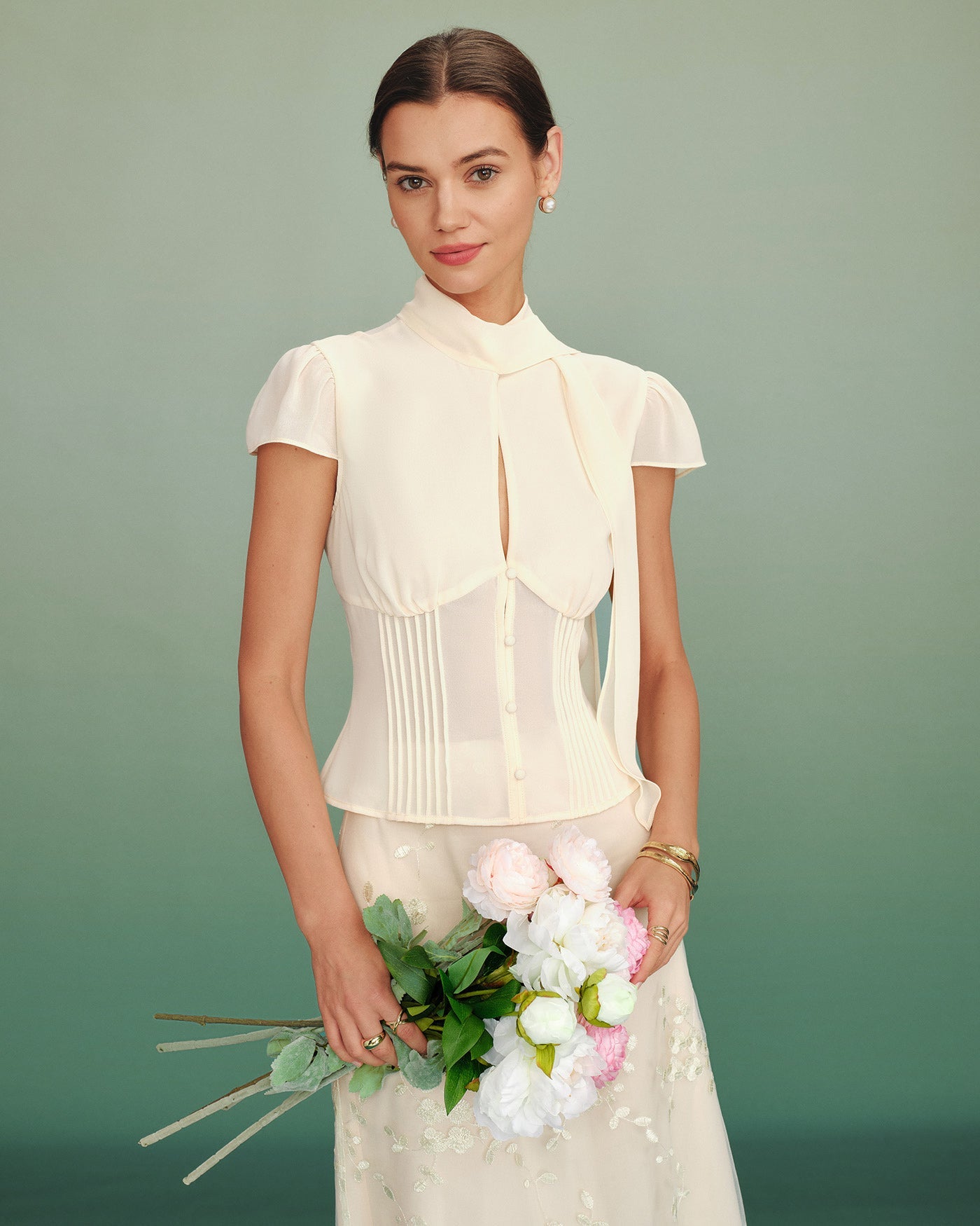 Apricot Mock Neck Button Chiffon Blouse