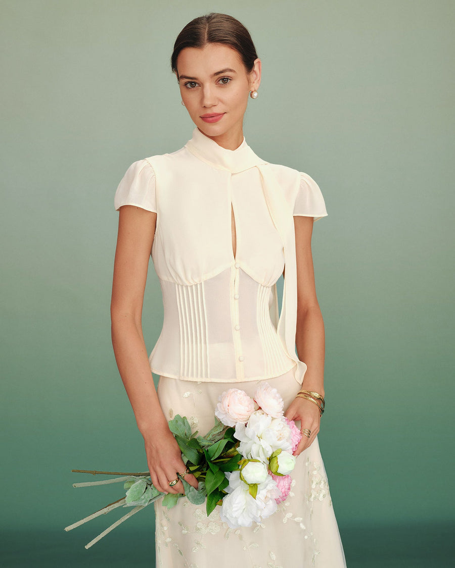 Apricot Mock Neck Button Chiffon Blouse