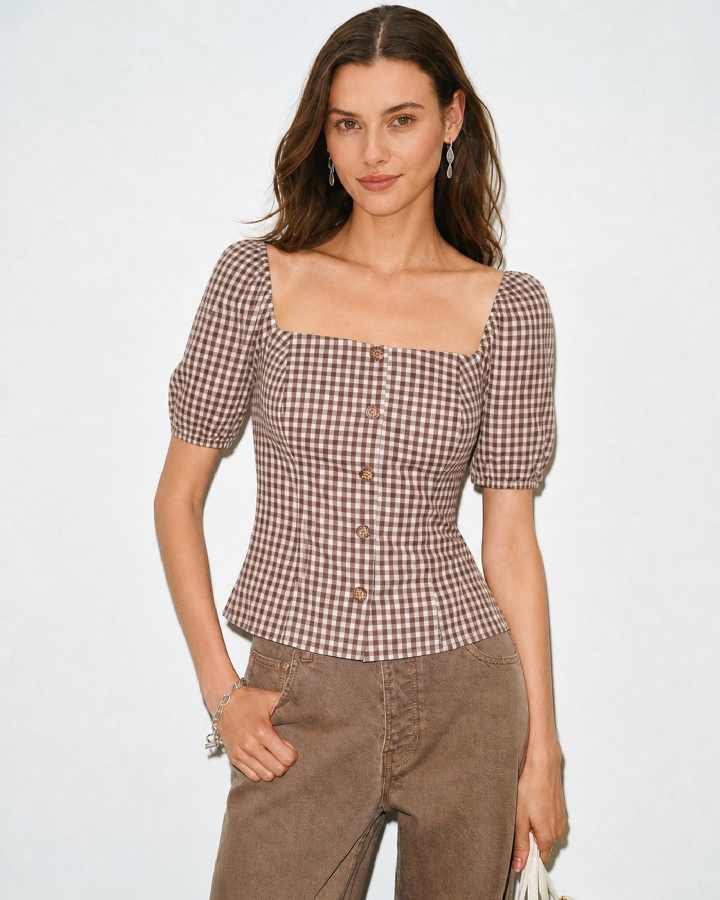 Brown Square Neck Puffed Sleeve Plaid Blouse
