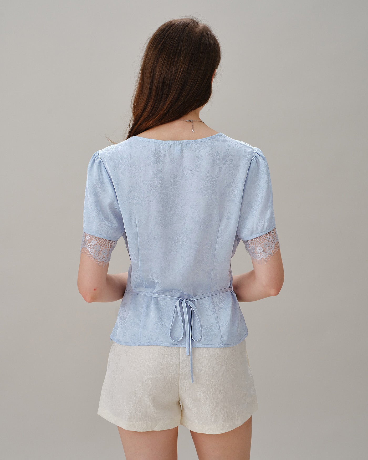 Blue V Neck Lace Jacquard Blouse