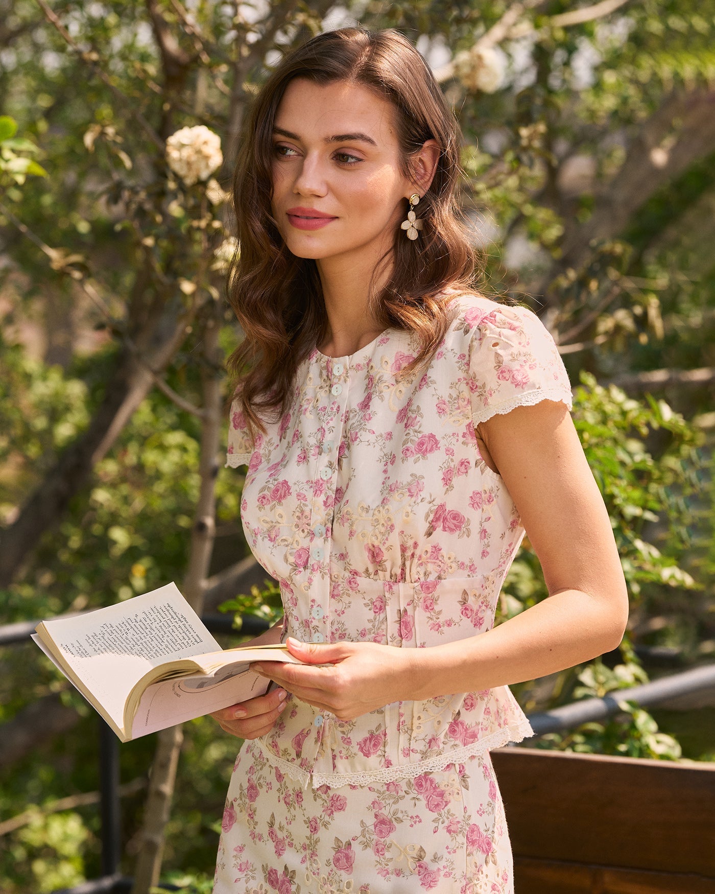 Pink Floral Embroidery Button Blouse