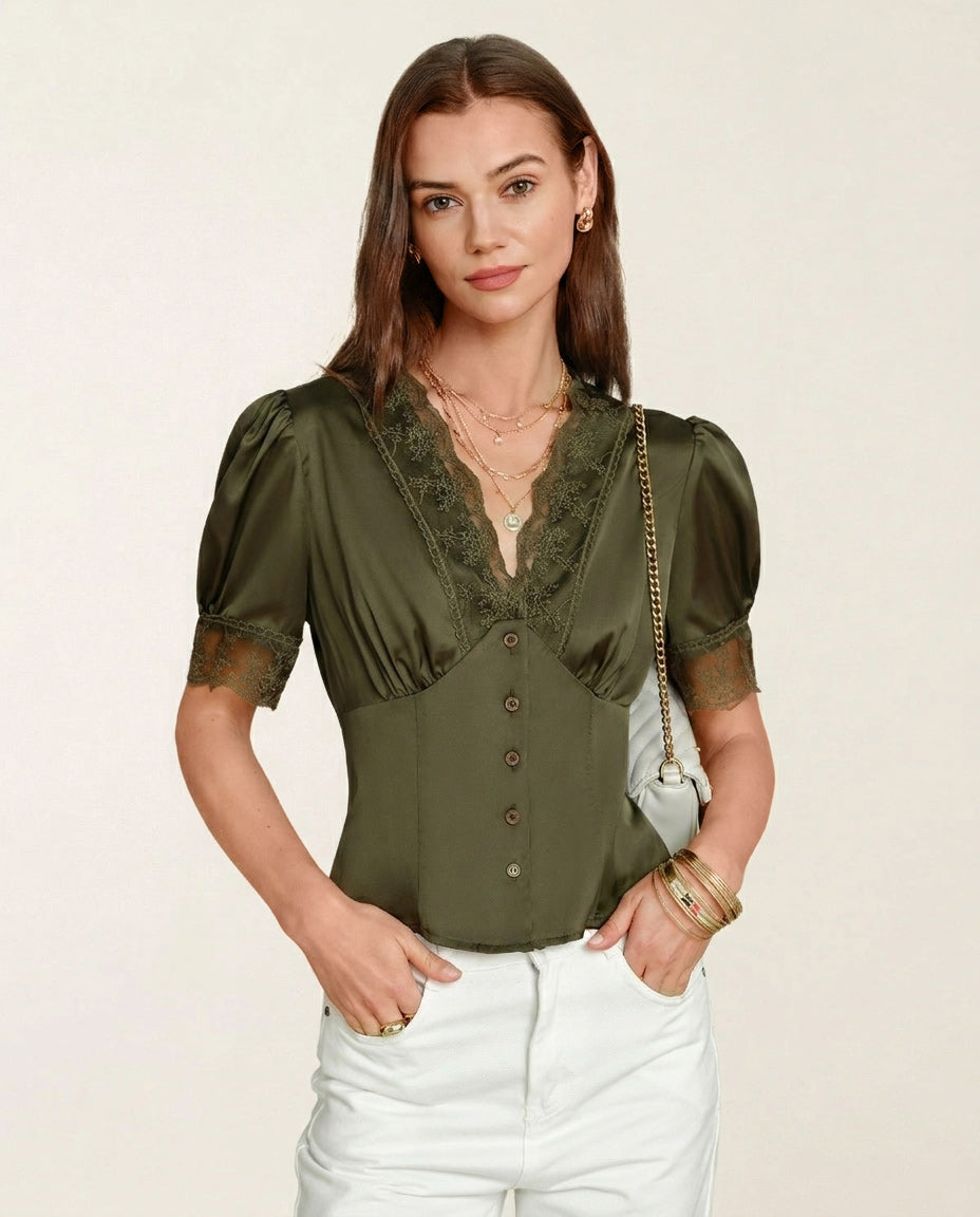 Green V Neck Puffed Sleeve Lace Blouse