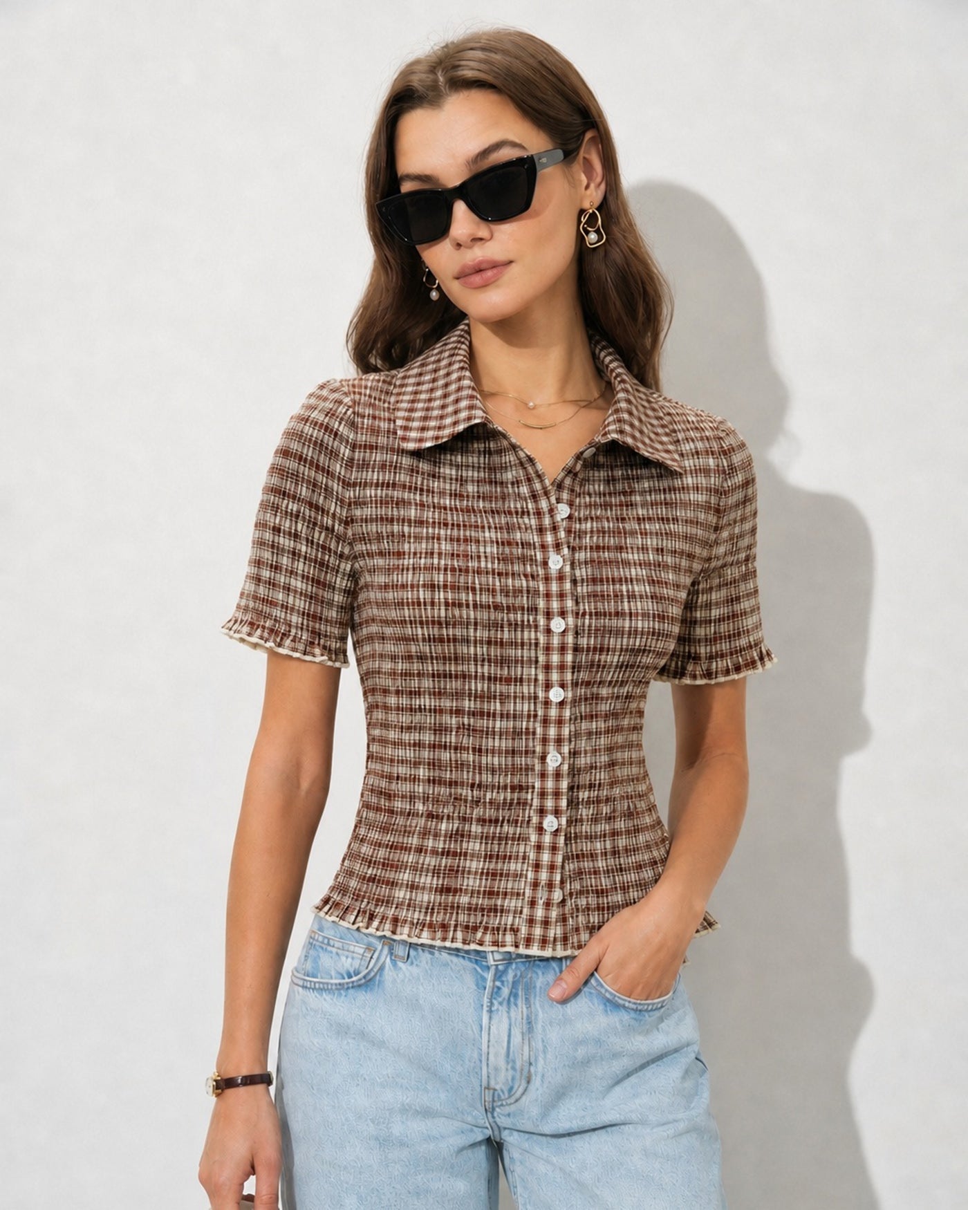 Brown Plaid Button Collar Blouse