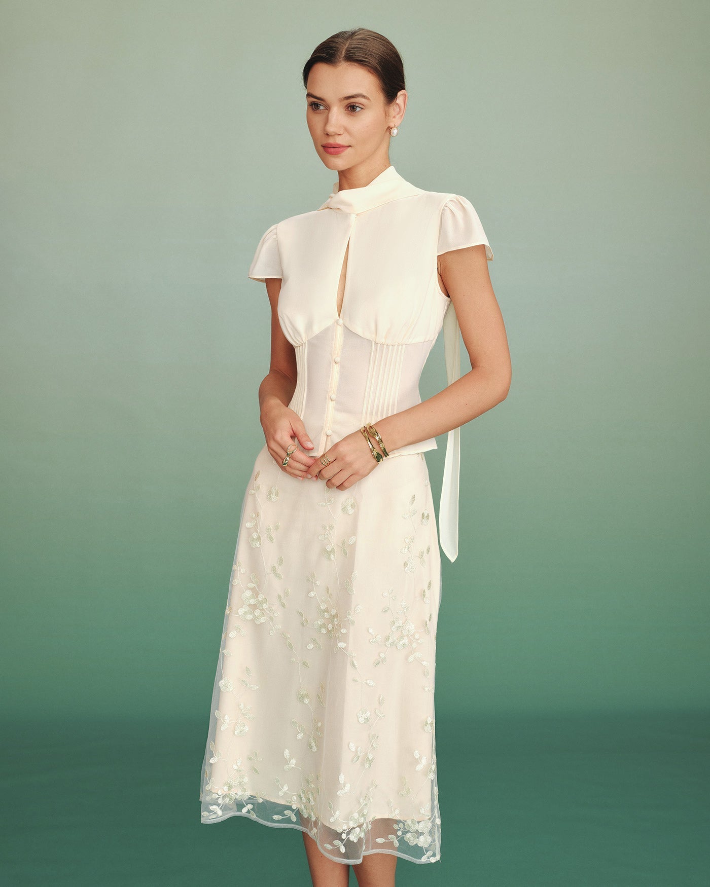 Apricot Mock Neck Button Chiffon Blouse