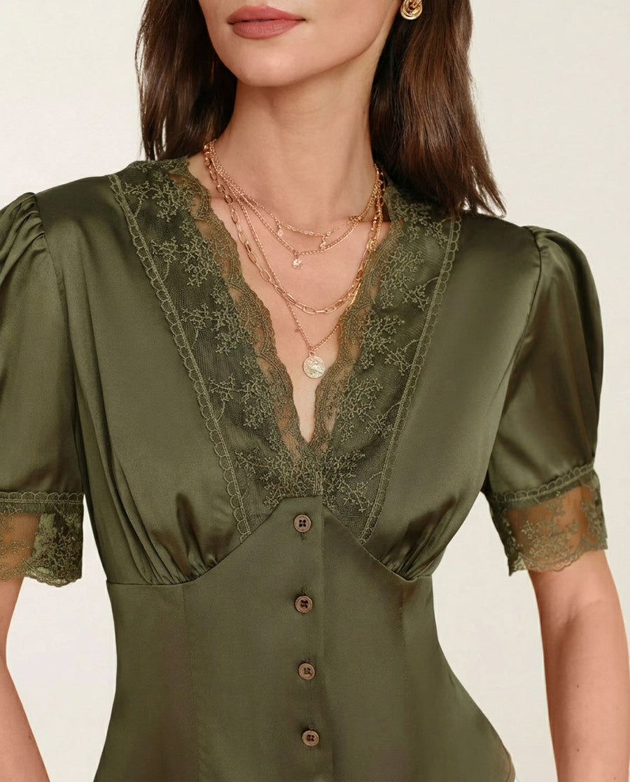 Green V Neck Puffed Sleeve Lace Blouse