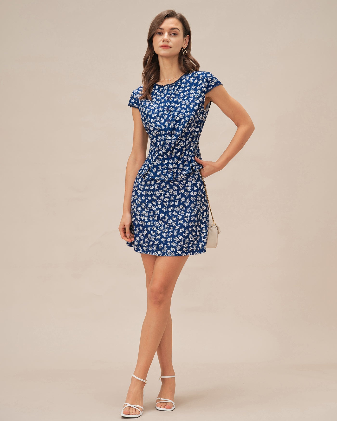 Blue Floral Cap Sleeve Button Blouse