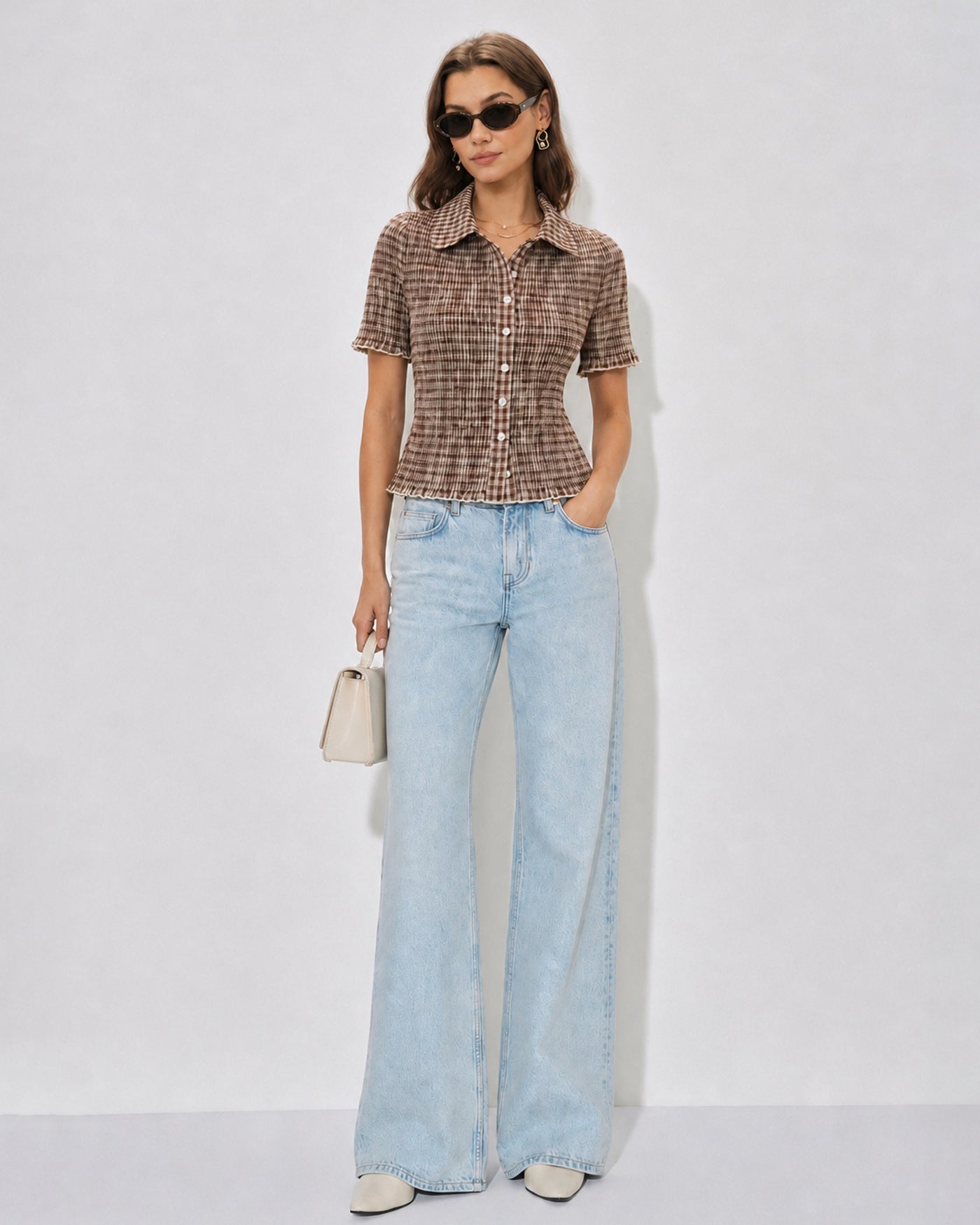 Brown Plaid Button Collar Blouse