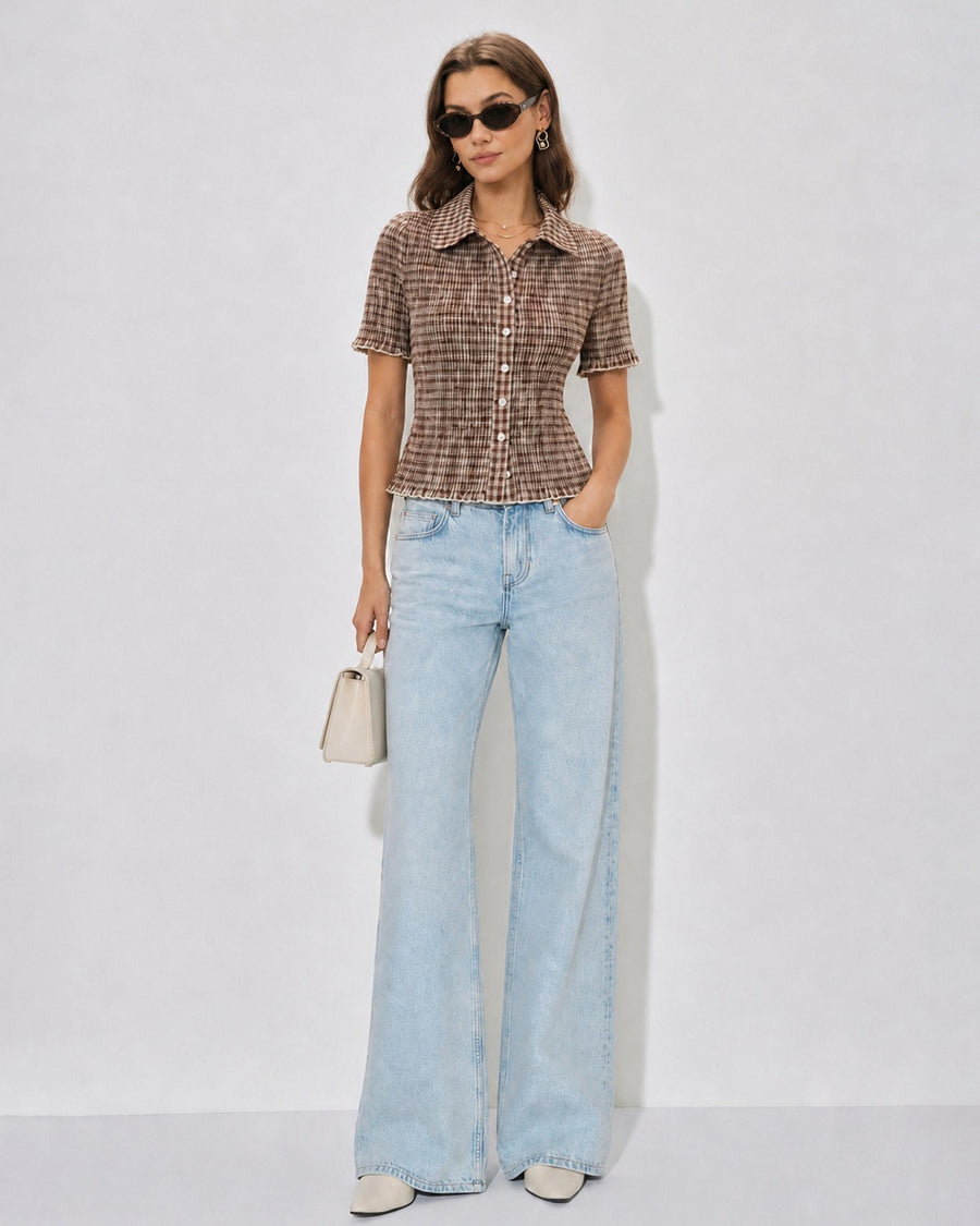 Brown Plaid Button Collar Blouse