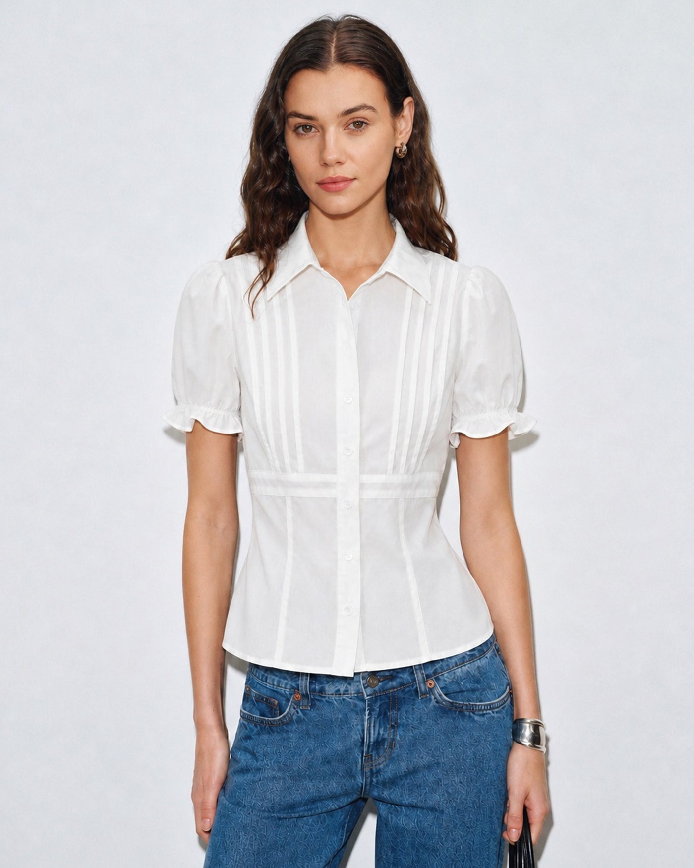 White Puffed Sleeve Collar Blouse