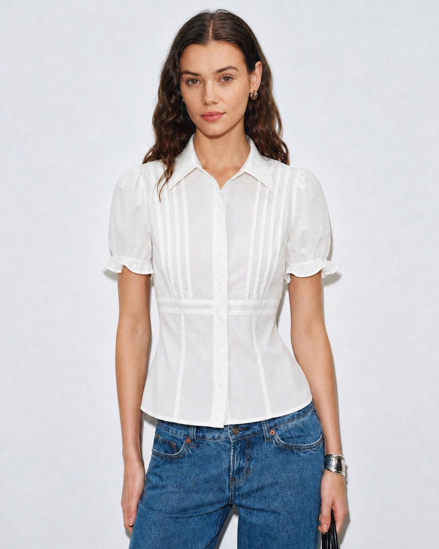 White Puffed Sleeve Collar Blouse