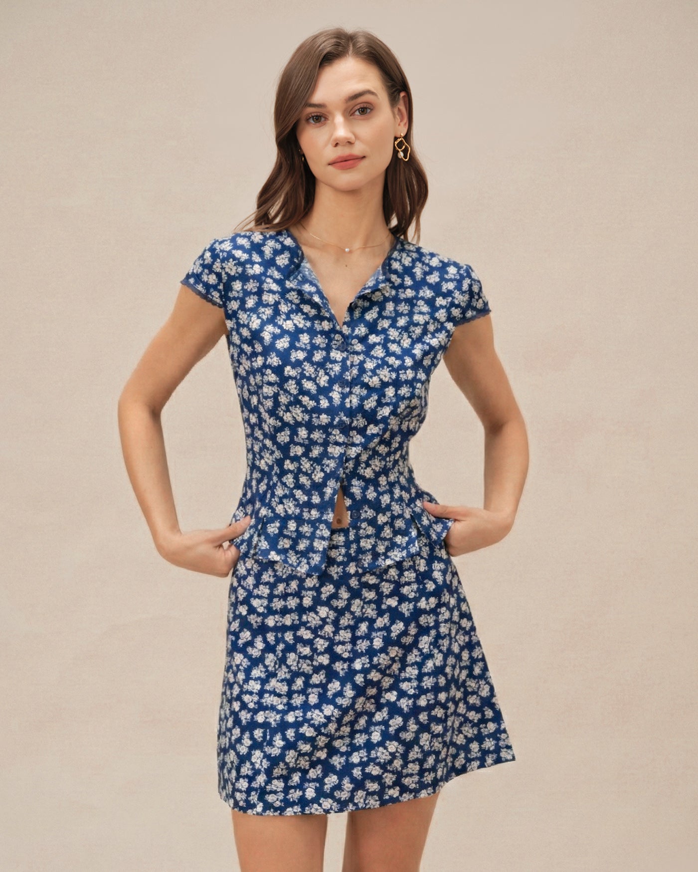 Blue Floral Cap Sleeve Button Blouse