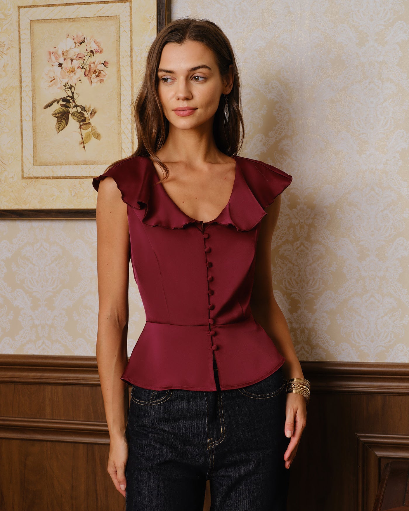 Wine Red V Neck Ruffle Button Blouse