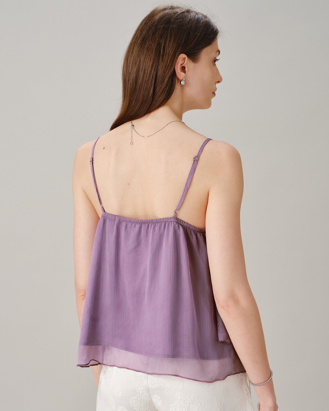 Purple V Neck Ruffle Chiffon Cami Top