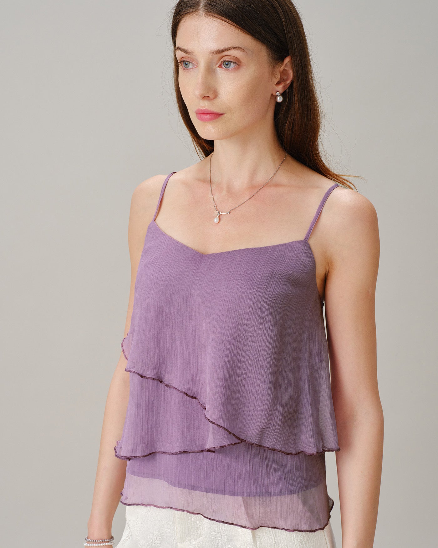 Purple V Neck Ruffle Chiffon Cami Top