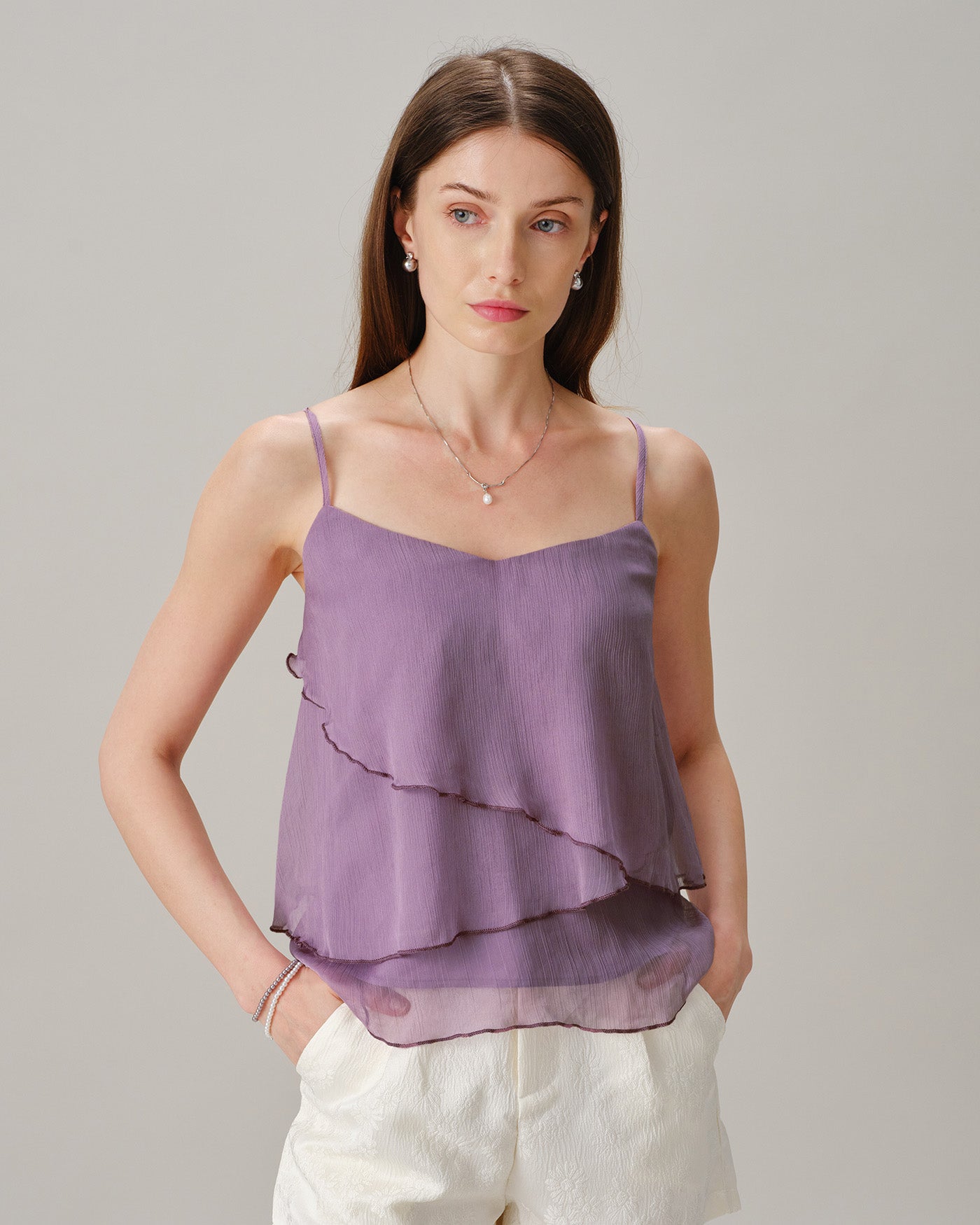 Purple V Neck Ruffle Chiffon Cami Top