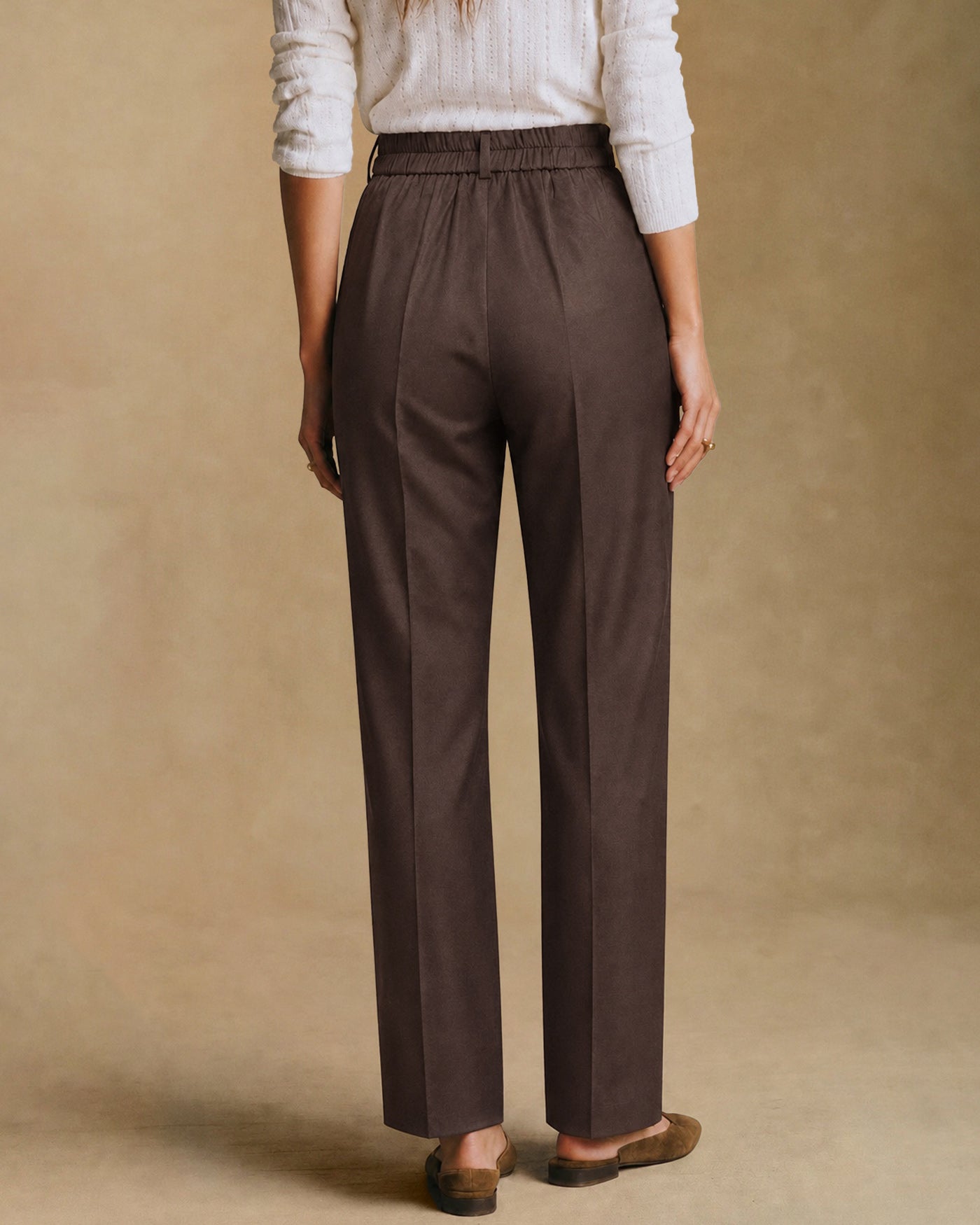 Coffee Elastic Waist Pockets Straight Pants