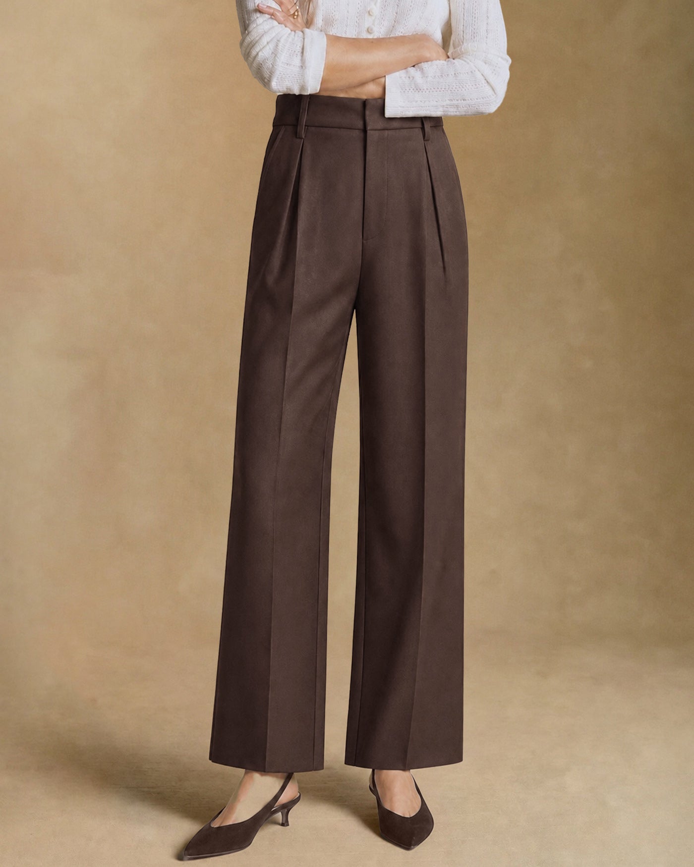 Coffee Elastic Waist Pockets Straight Pants