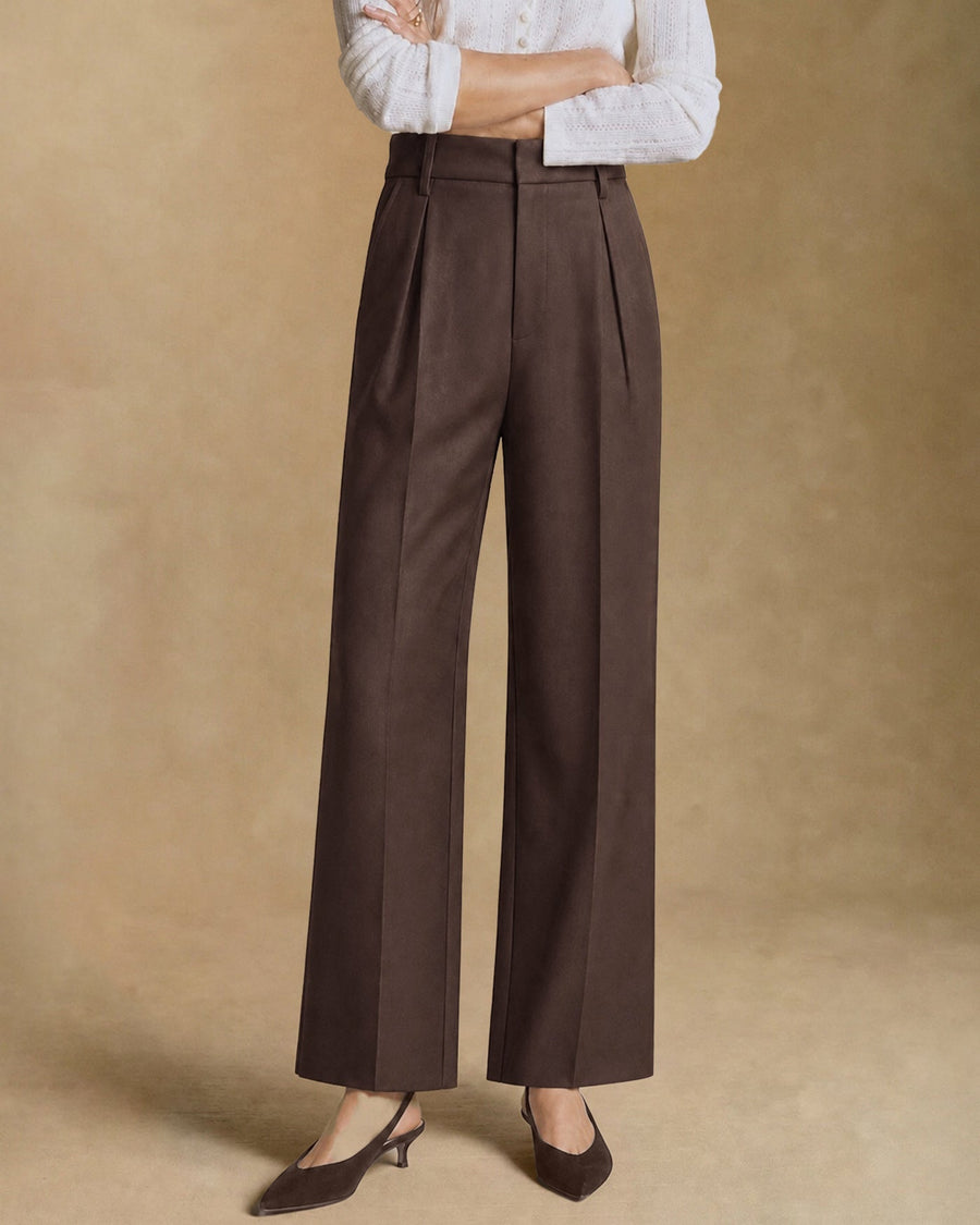 Coffee Elastic Waist Pockets Straight Pants