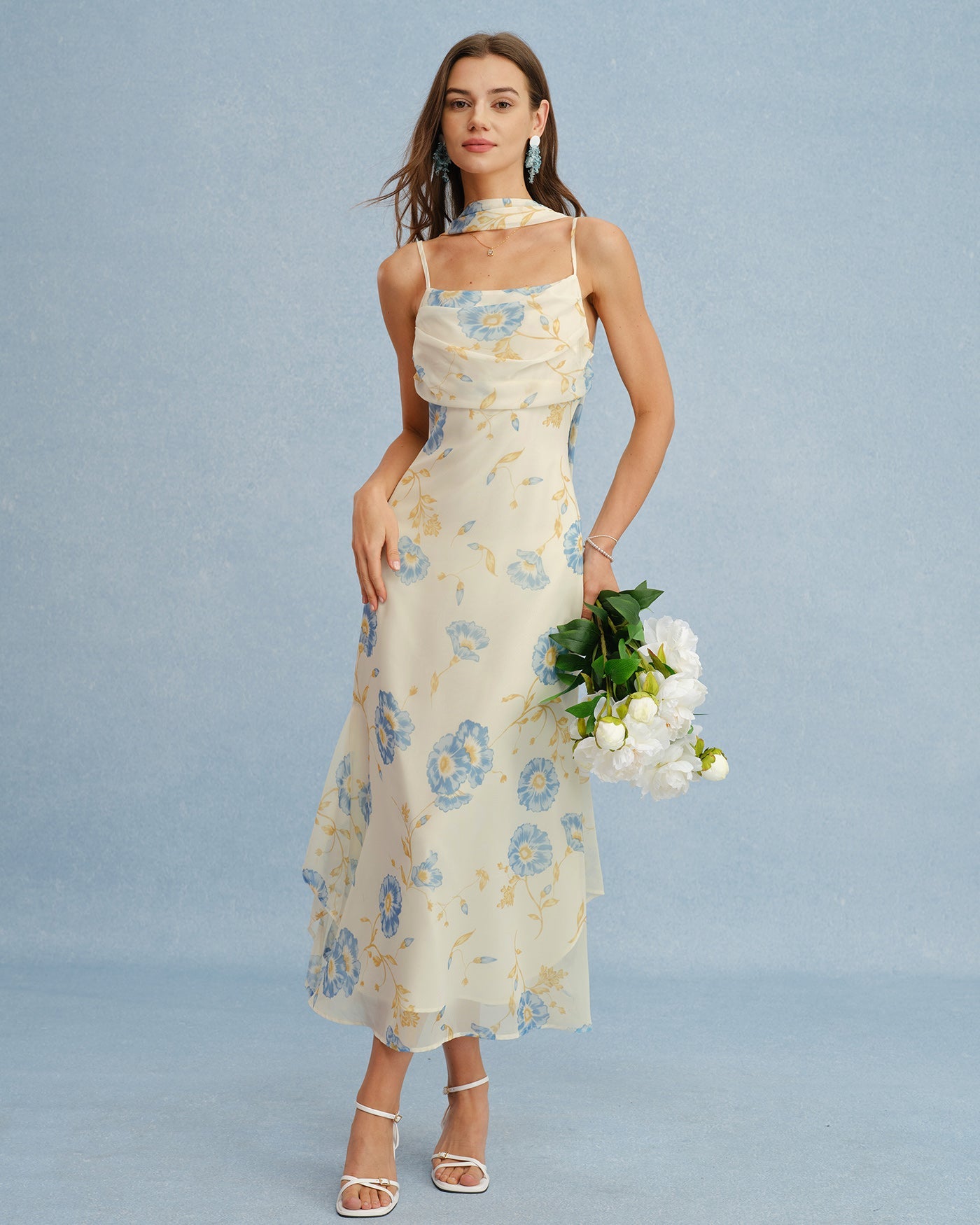 Beige Floral Tie Chiffon Maxi Dress