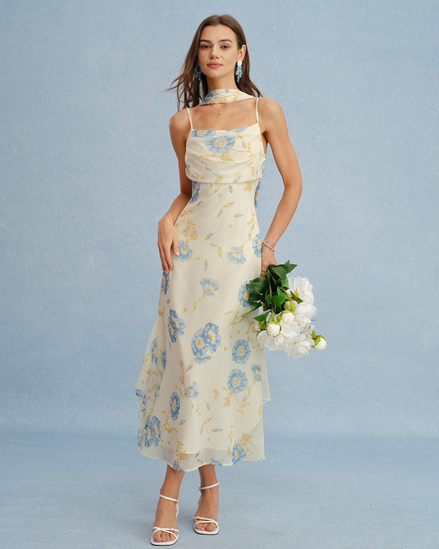 Beige Floral Tie Chiffon Maxi Dress