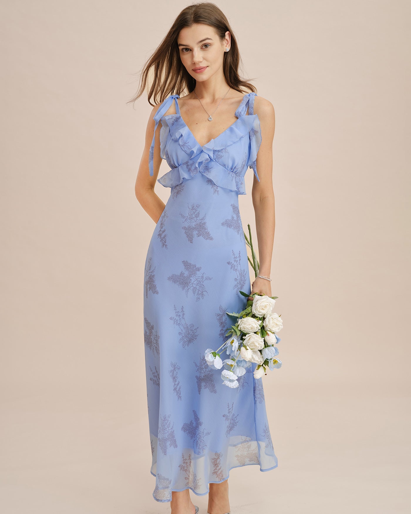 Blue Floral Ruffle Tie Strap Maxi Dress