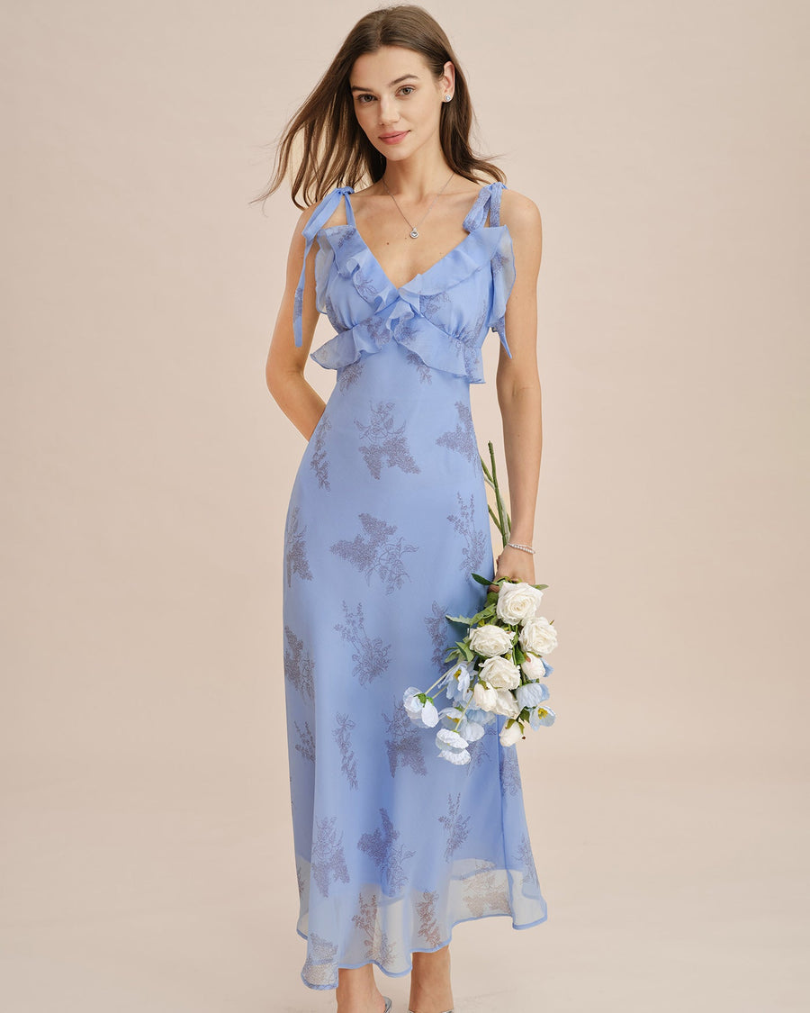 Blue Floral Ruffle Tie Strap Maxi Dress