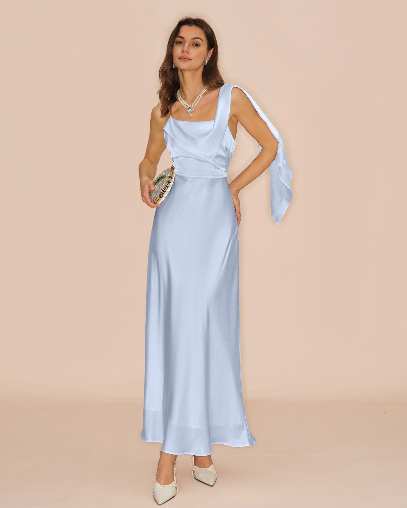 Blue Square Neck Flowy Satin Maxi Dress