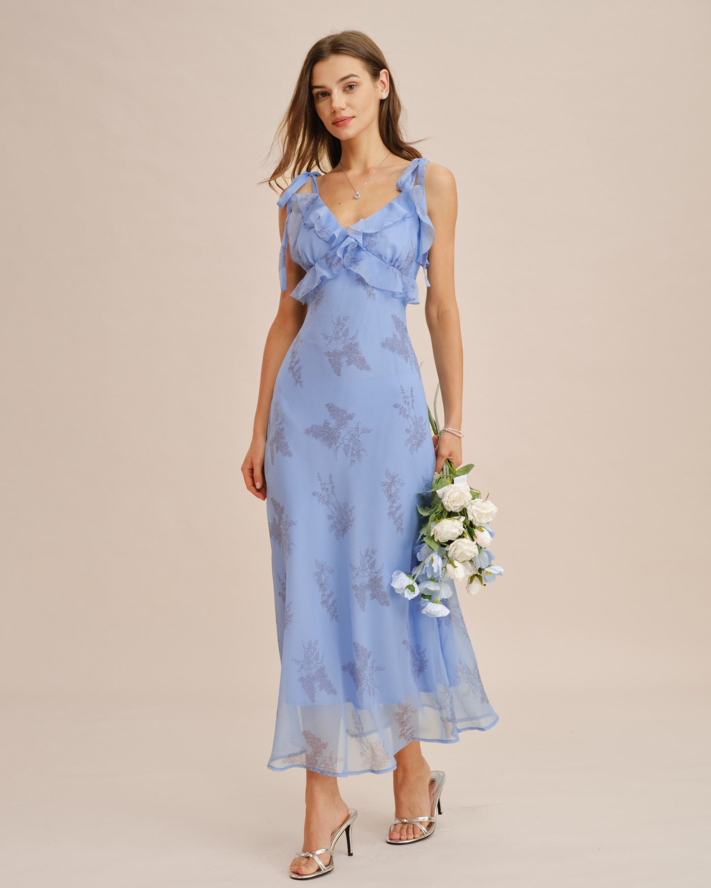 Blue Floral Ruffle Tie Strap Maxi Dress