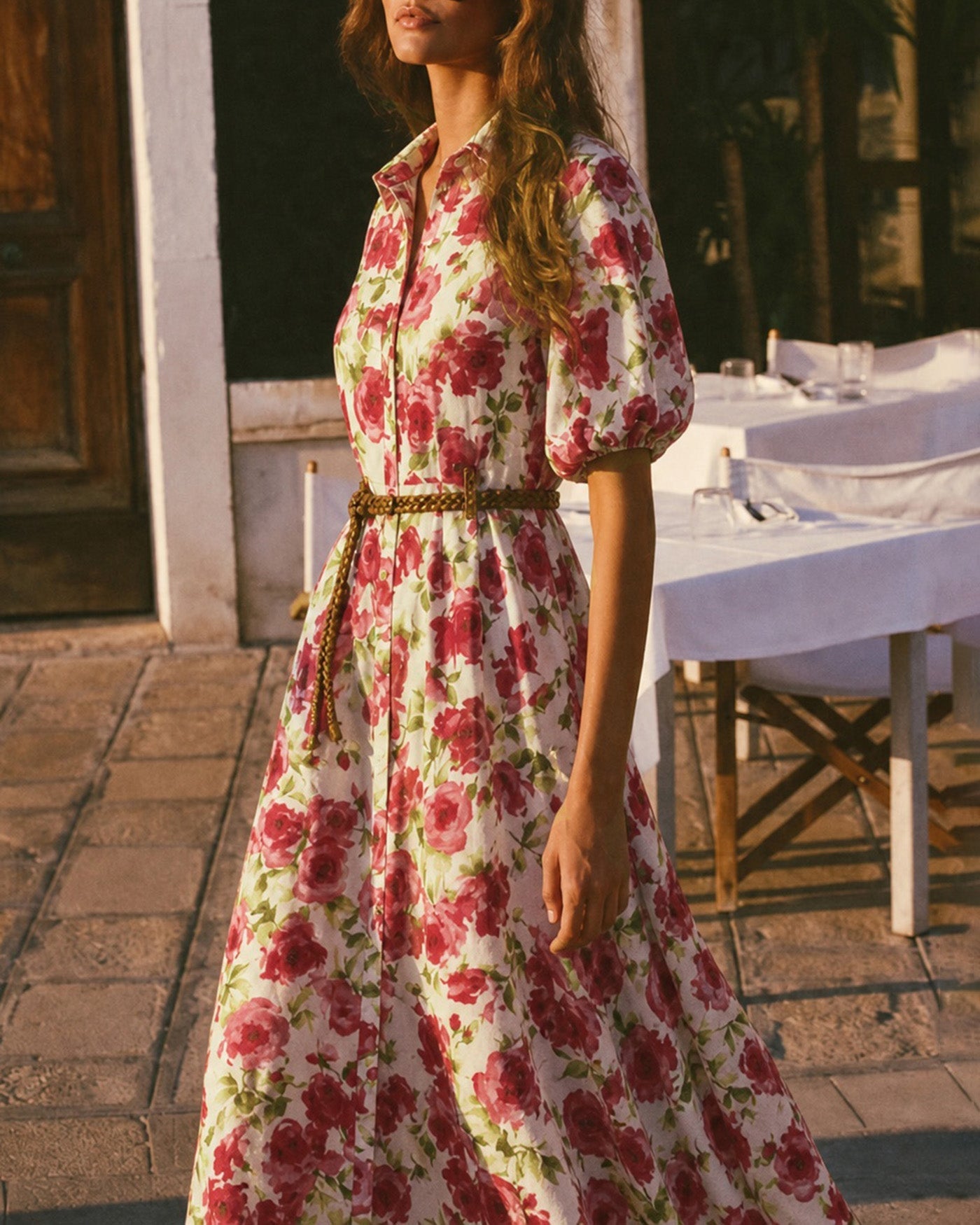Pink Collar Belt Floral Maxi Dress