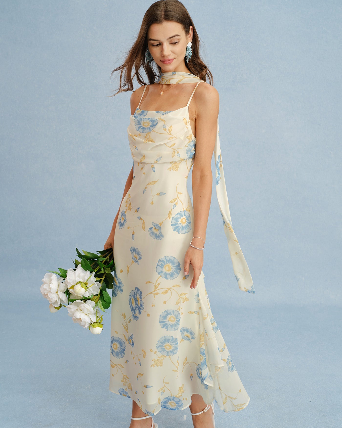 Beige Floral Tie Chiffon Maxi Dress