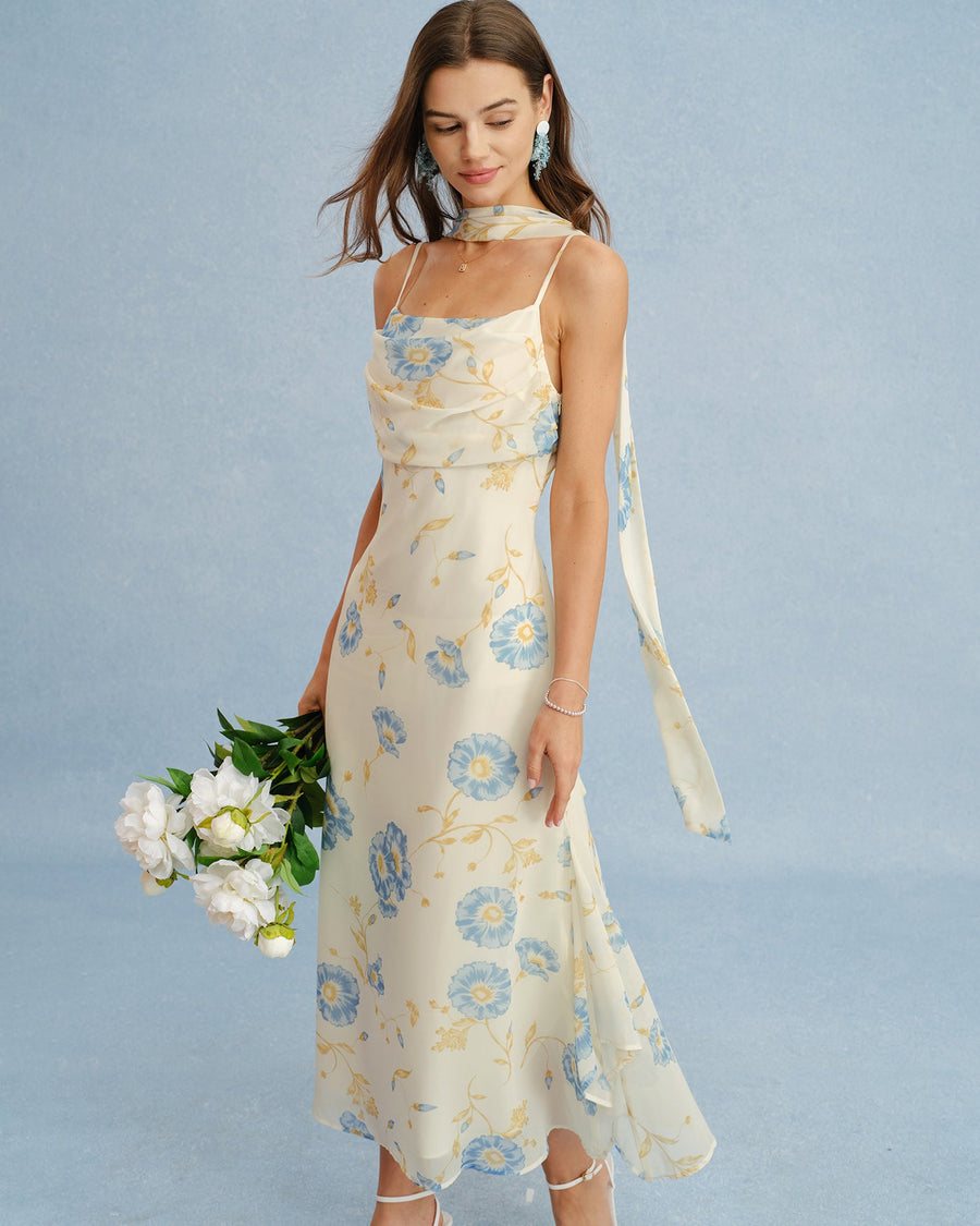 Beige Floral Tie Chiffon Maxi Dress