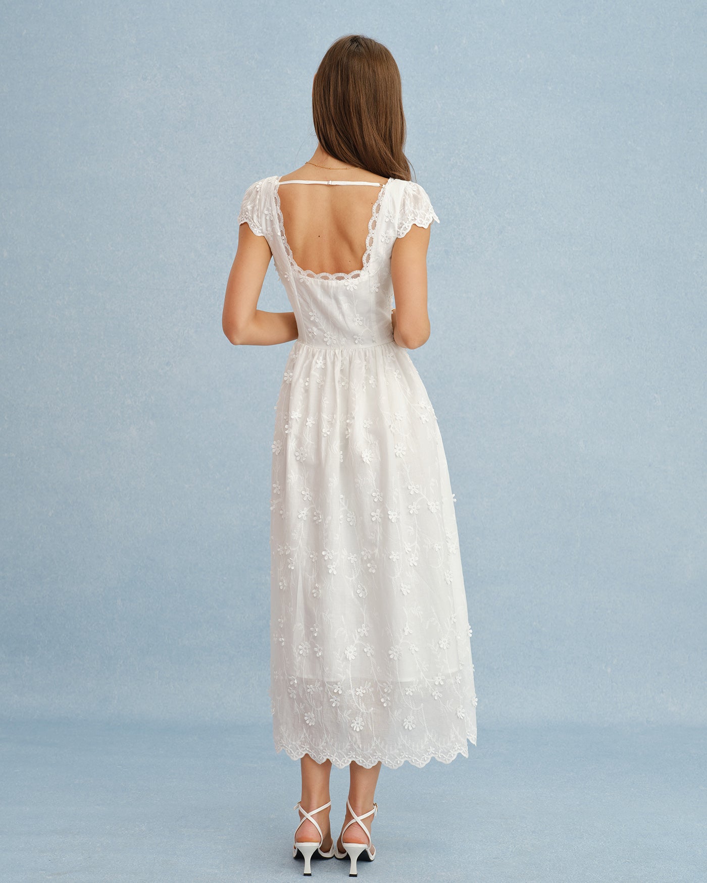 White Square Neck Lace Flowers Maxi Dress
