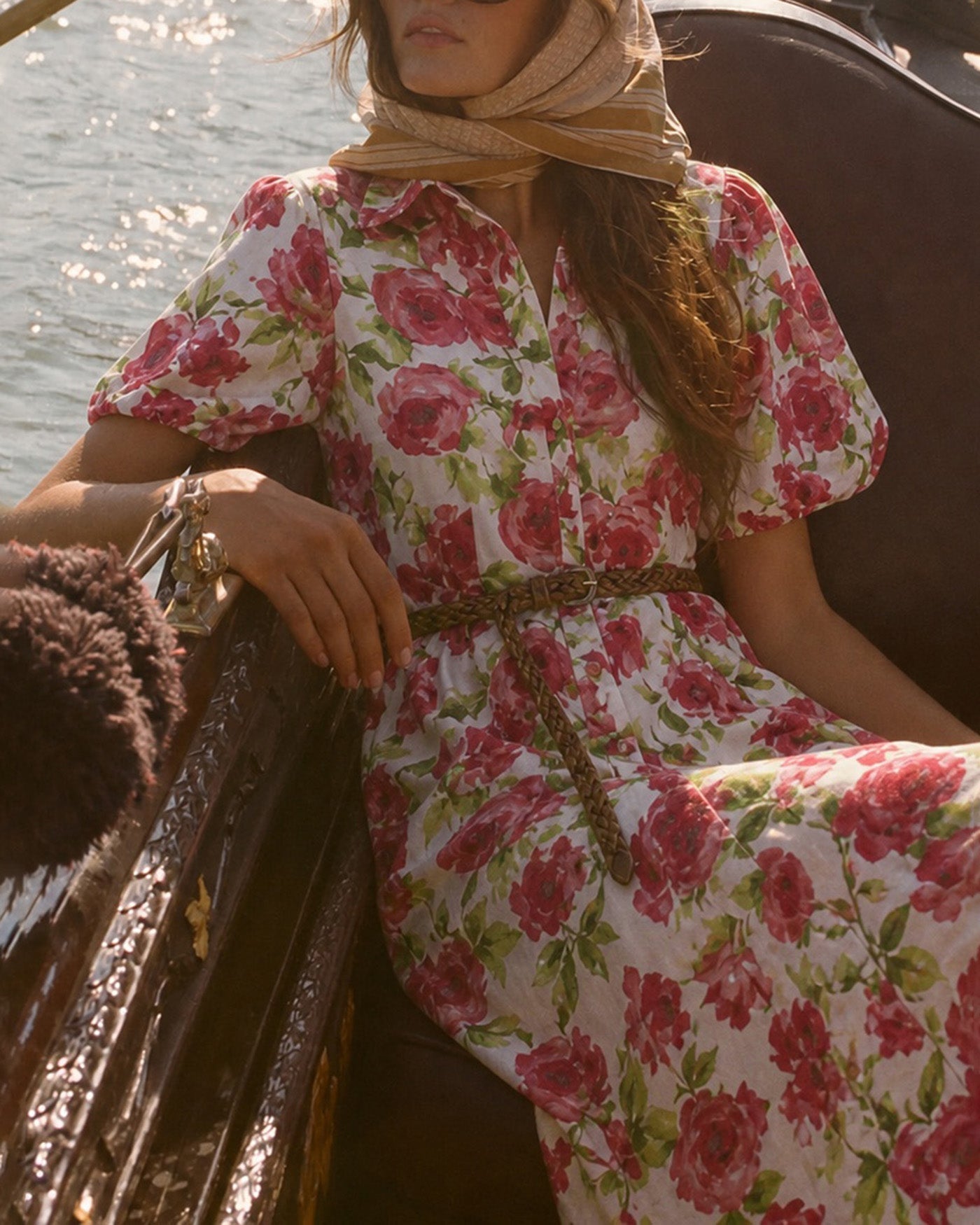 Pink Collar Belt Floral Maxi Dress