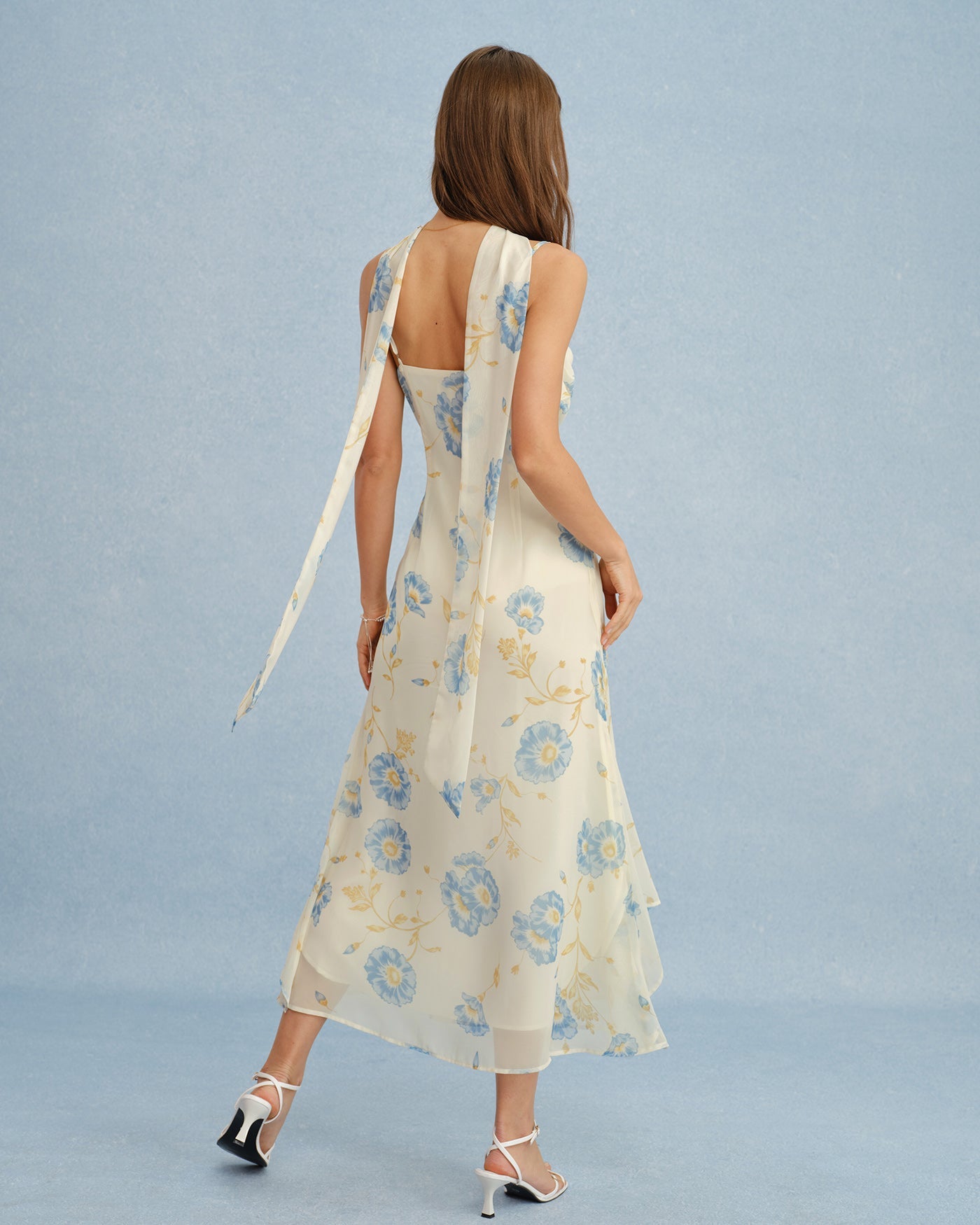 Beige Floral Tie Chiffon Maxi Dress