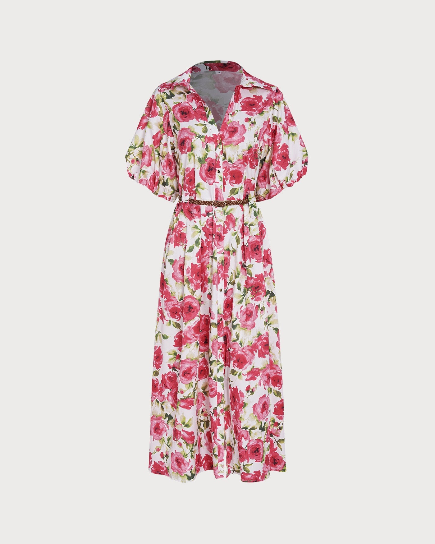 Pink Collar Belt Floral Maxi Dress