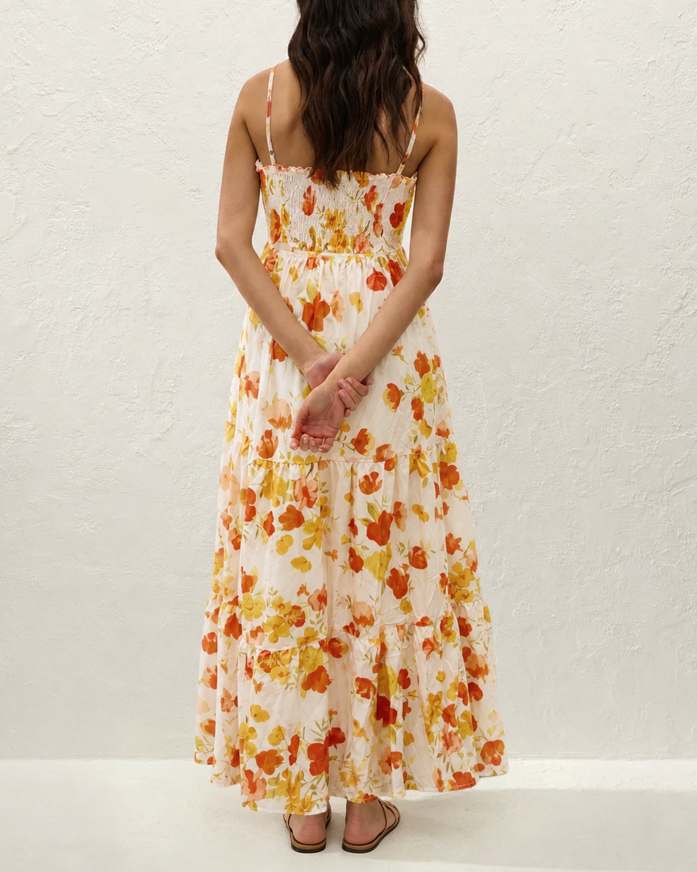 Yellow Floral Shirred Slip Maxi Dress