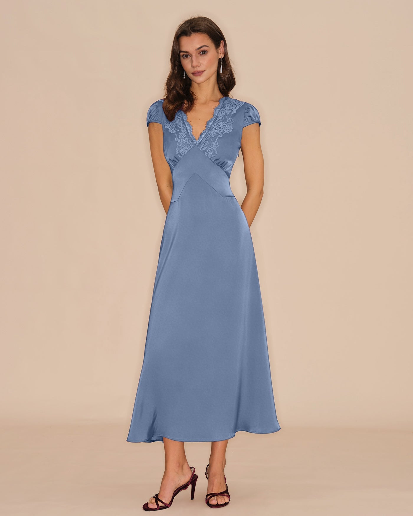 Blue V Neck Lace Tie Maxi Dress