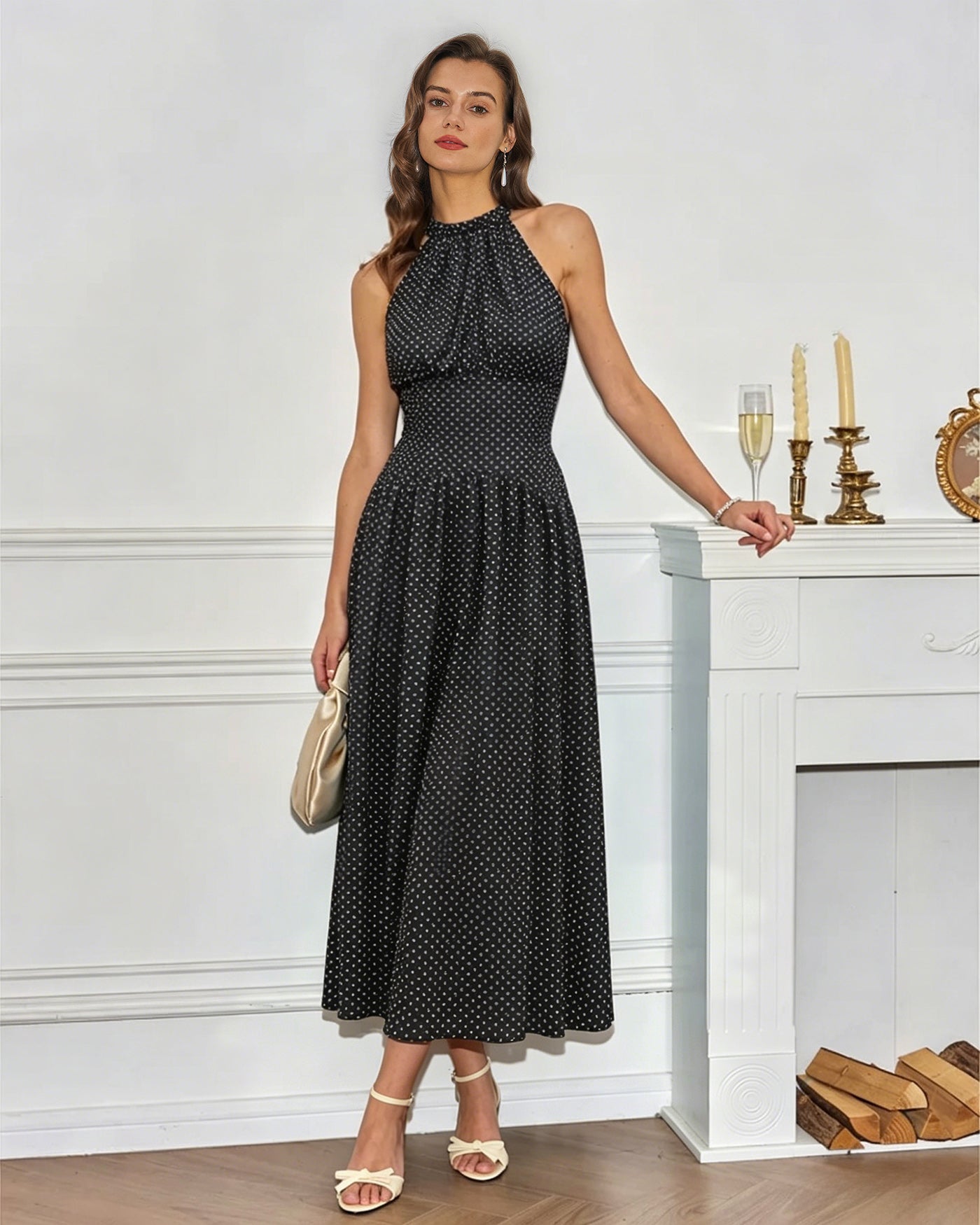 Black Halter Tie Polka Dot Maxi Dress