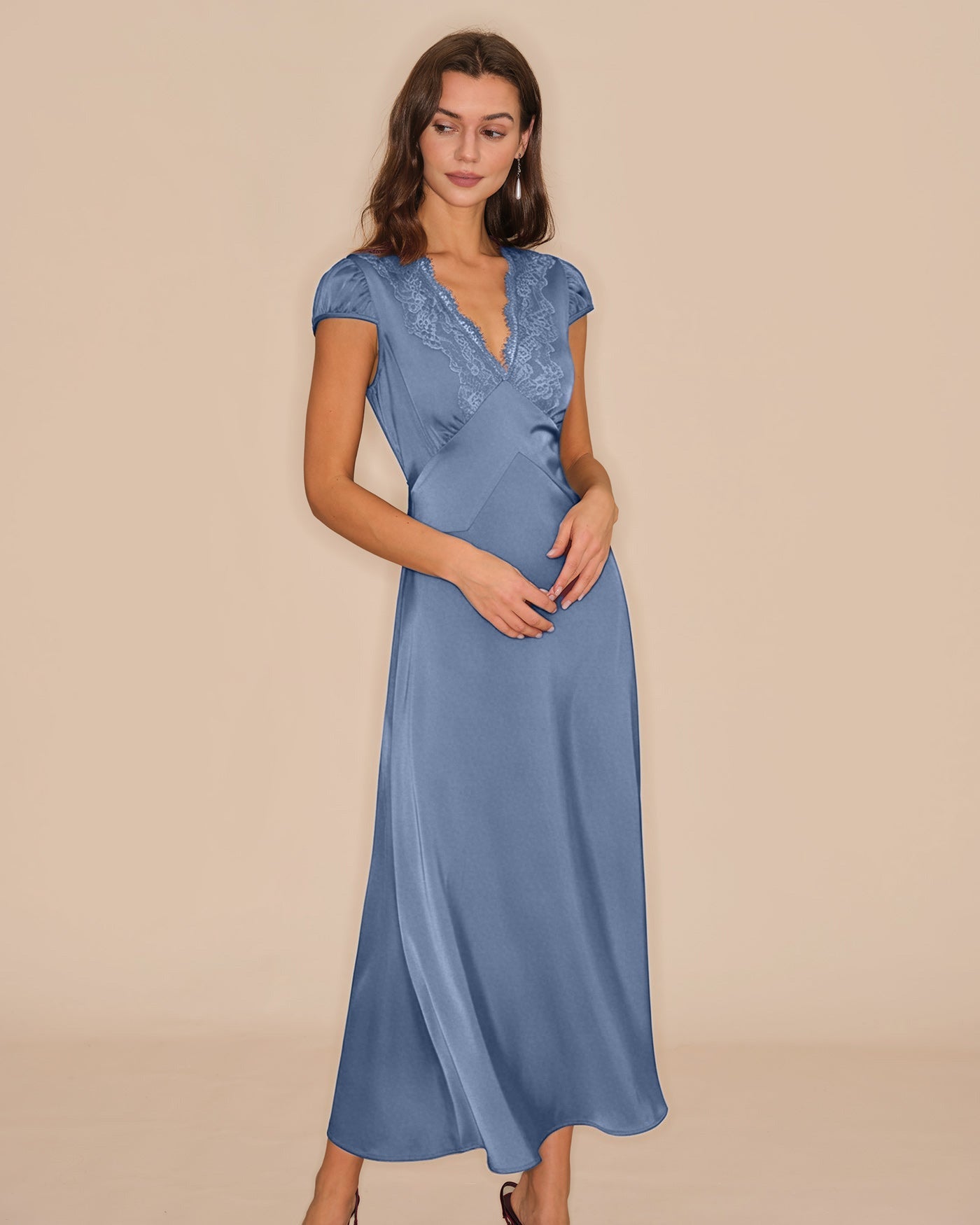 Blue V Neck Lace Tie Maxi Dress