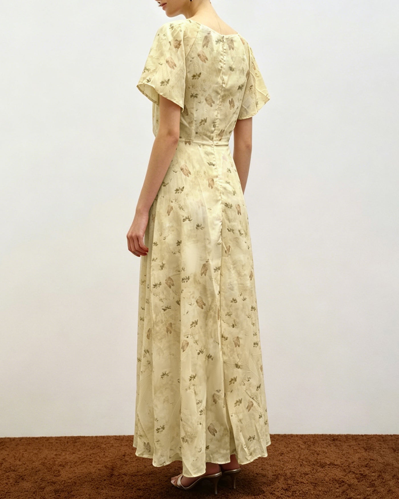 Yellow V Neck Ruched Floral Maxi Dress