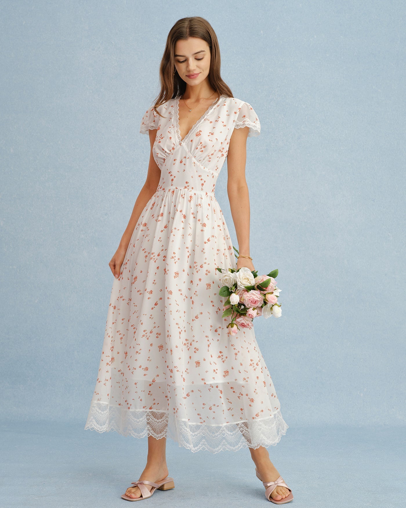 Off White V Neck Lace Floral Maxi Dress