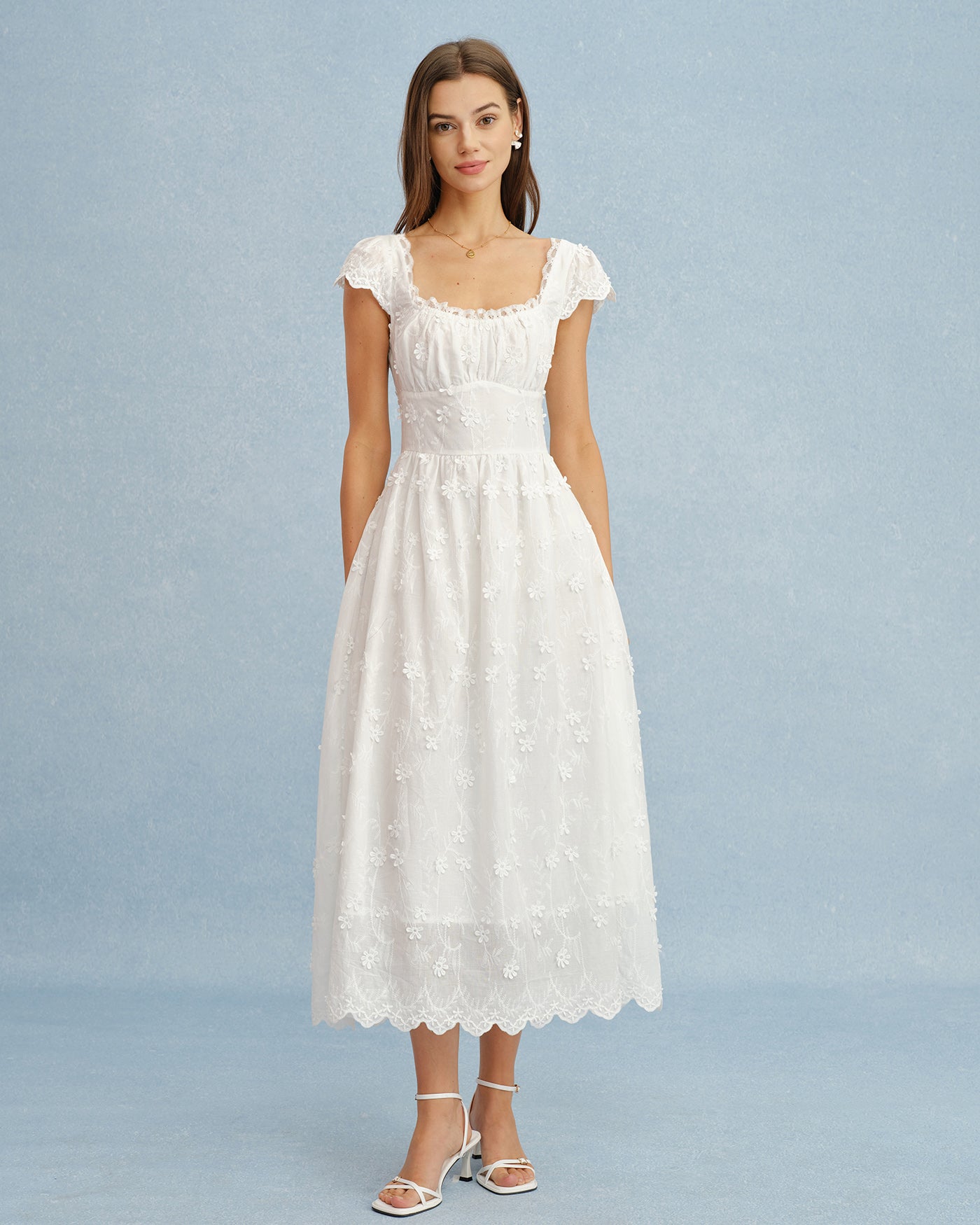 White Square Neck Lace Flowers Maxi Dress